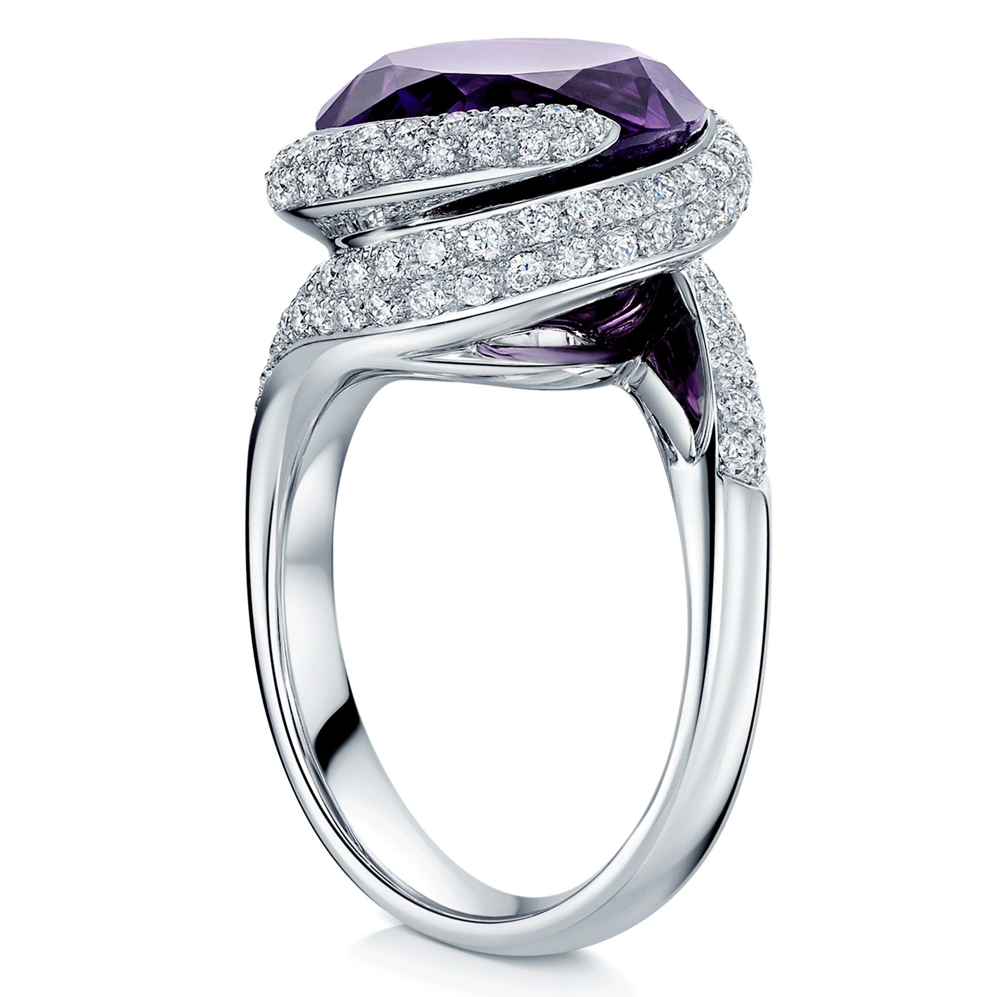 18ct White Gold Oval Cut Amethyst And Diamond Swirl Design Ring