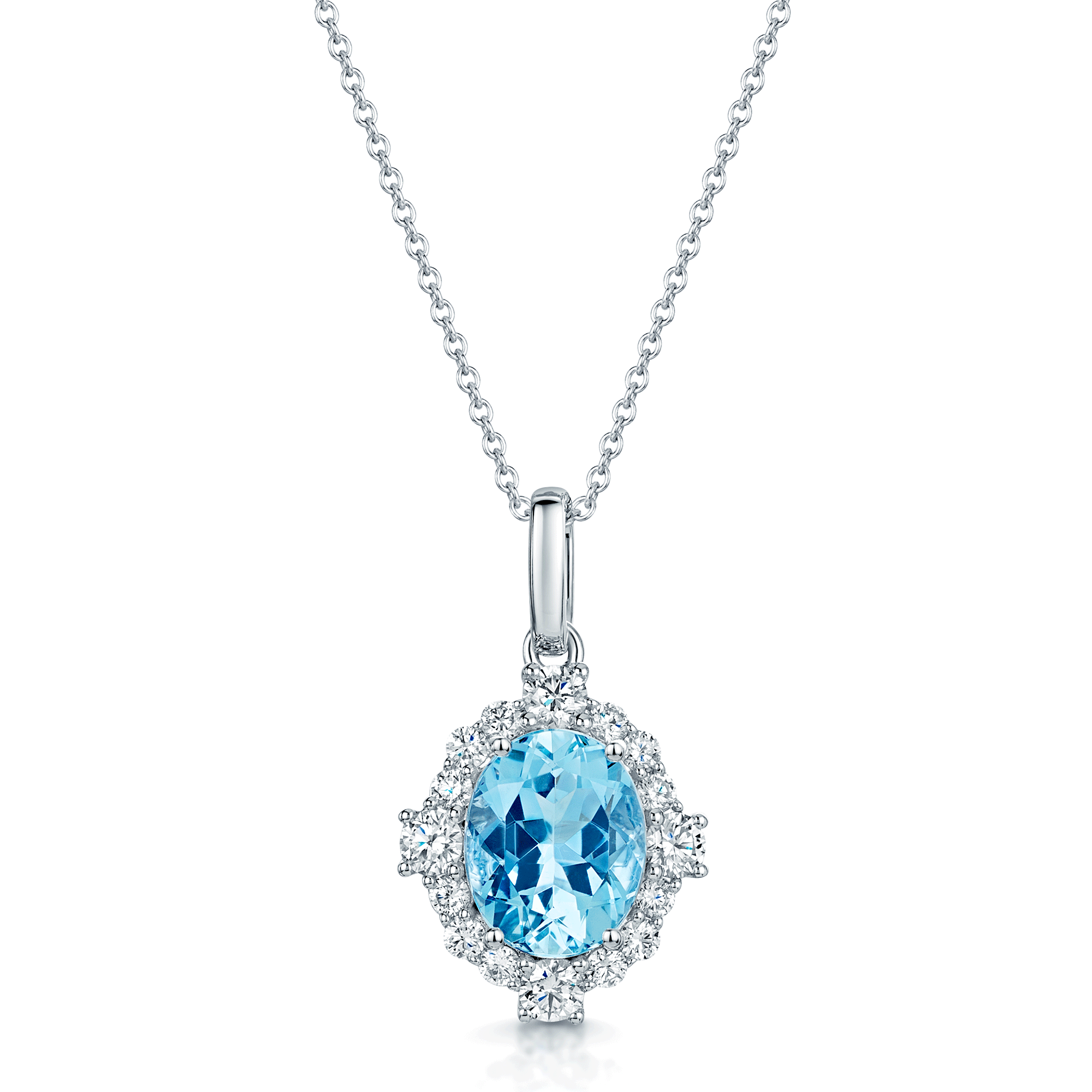 18ct White Gold Oval Cut Aquamarine And Diamond Cluster Pendant