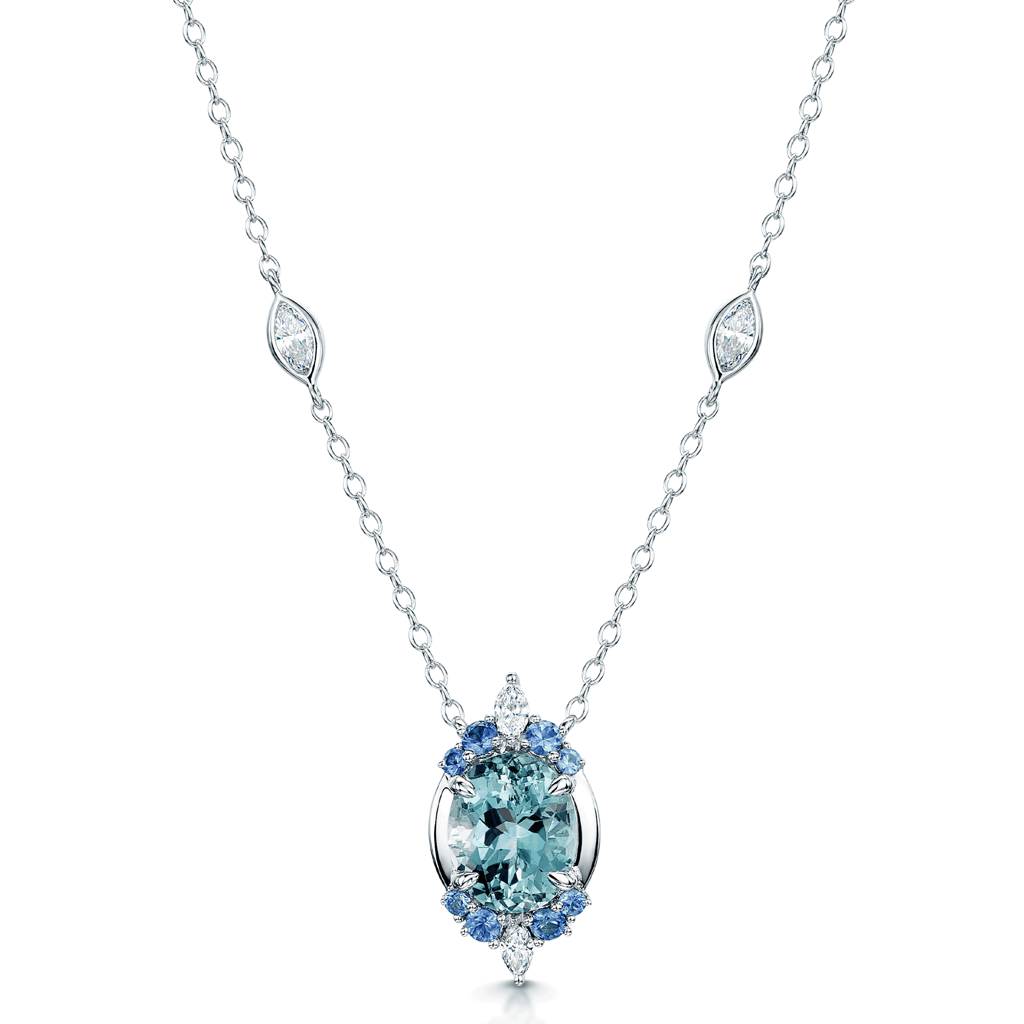 Berry's 18ct White Gold Oval Cut Aquamarine, Marquise Cut Diamond & Round Cut Sapphire Pendant - Berry's Jewellers