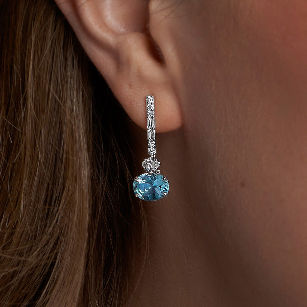 Berry's 18ct White Gold Oval Cut Aquamarine with Oval, Brilliant & Baguette Cut Diamonds Earrings - Berry's Jewellers