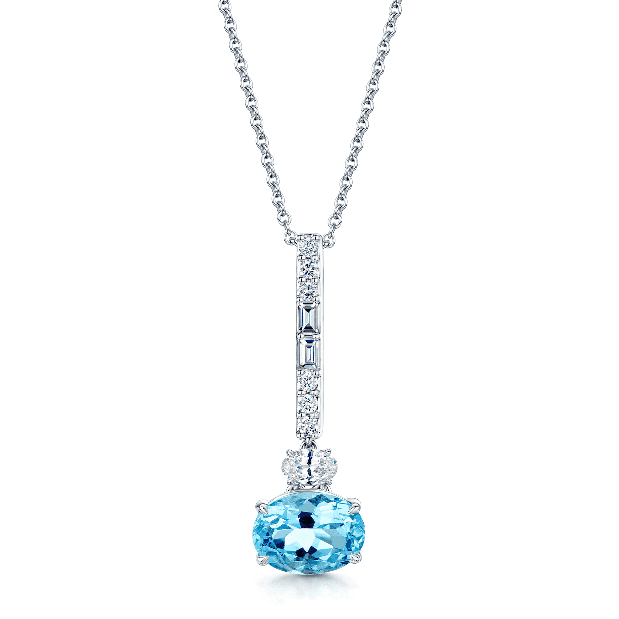 Berry's 18ct White Gold Oval Cut Aquamarine with Oval, Brilliant & Baguette Cut Diamonds Pendant - Berry's Jewellers