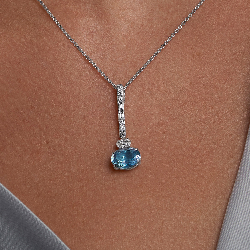 Berry's 18ct White Gold Oval Cut Aquamarine with Oval, Brilliant & Baguette Cut Diamonds Pendant - Berry's Jewellers