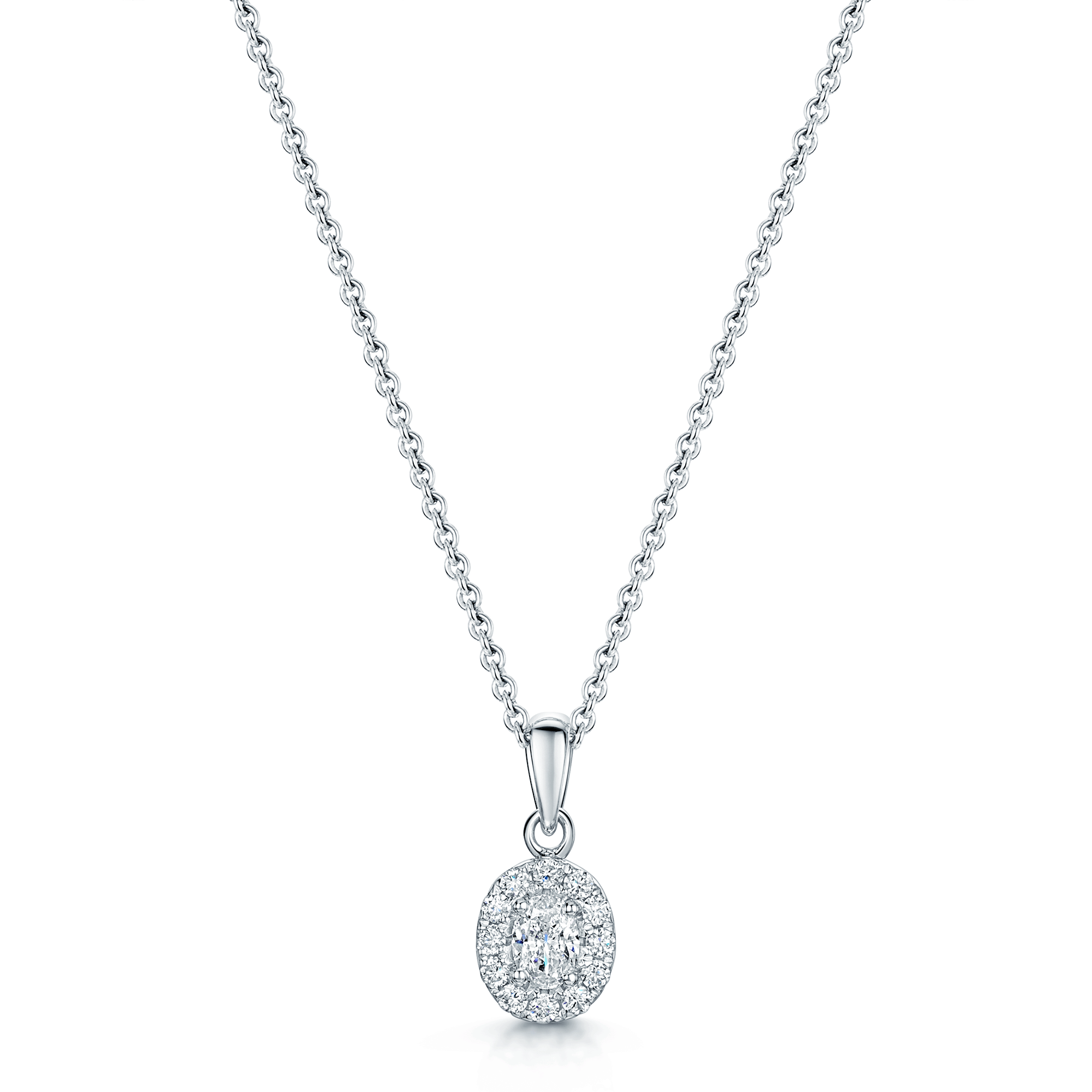 18ct White Gold Oval Cut Diamond Halo Drop Pendant