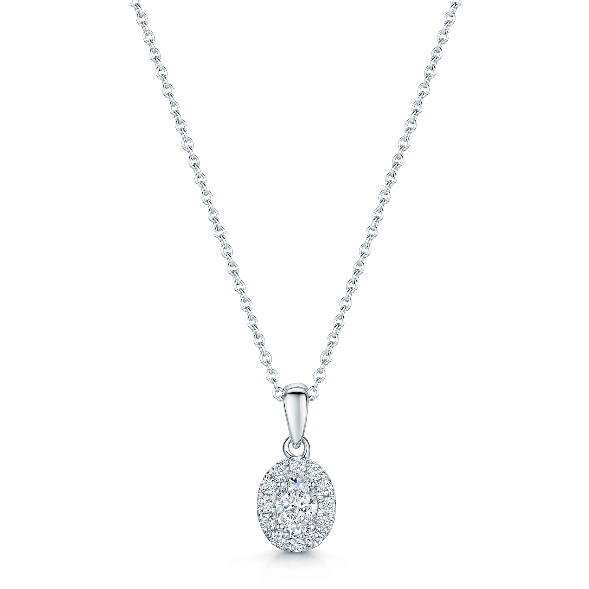 18ct White Gold Oval Cut Diamond Halo Pendant