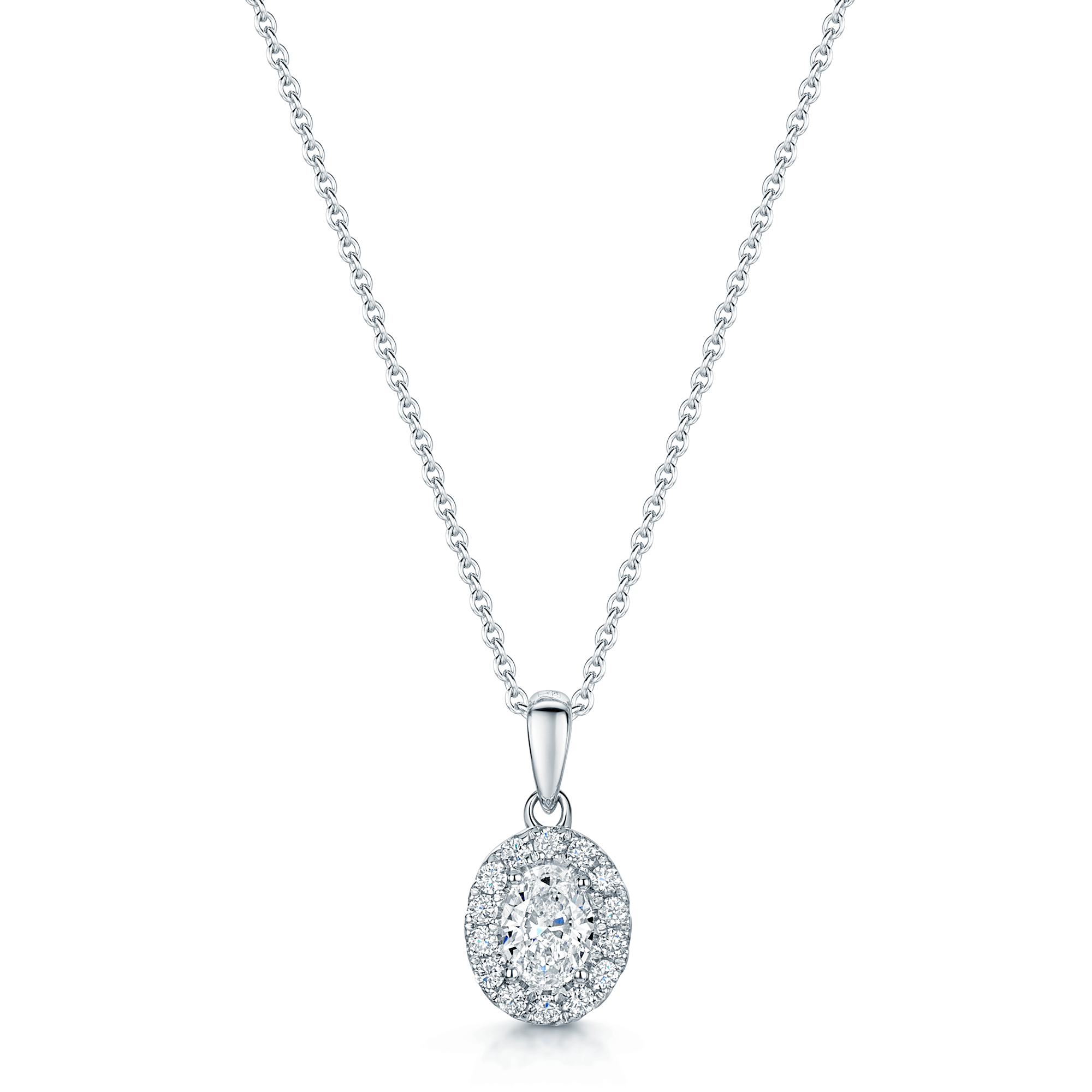 18ct White Gold Oval Cut Diamond Halo Surround Pendant