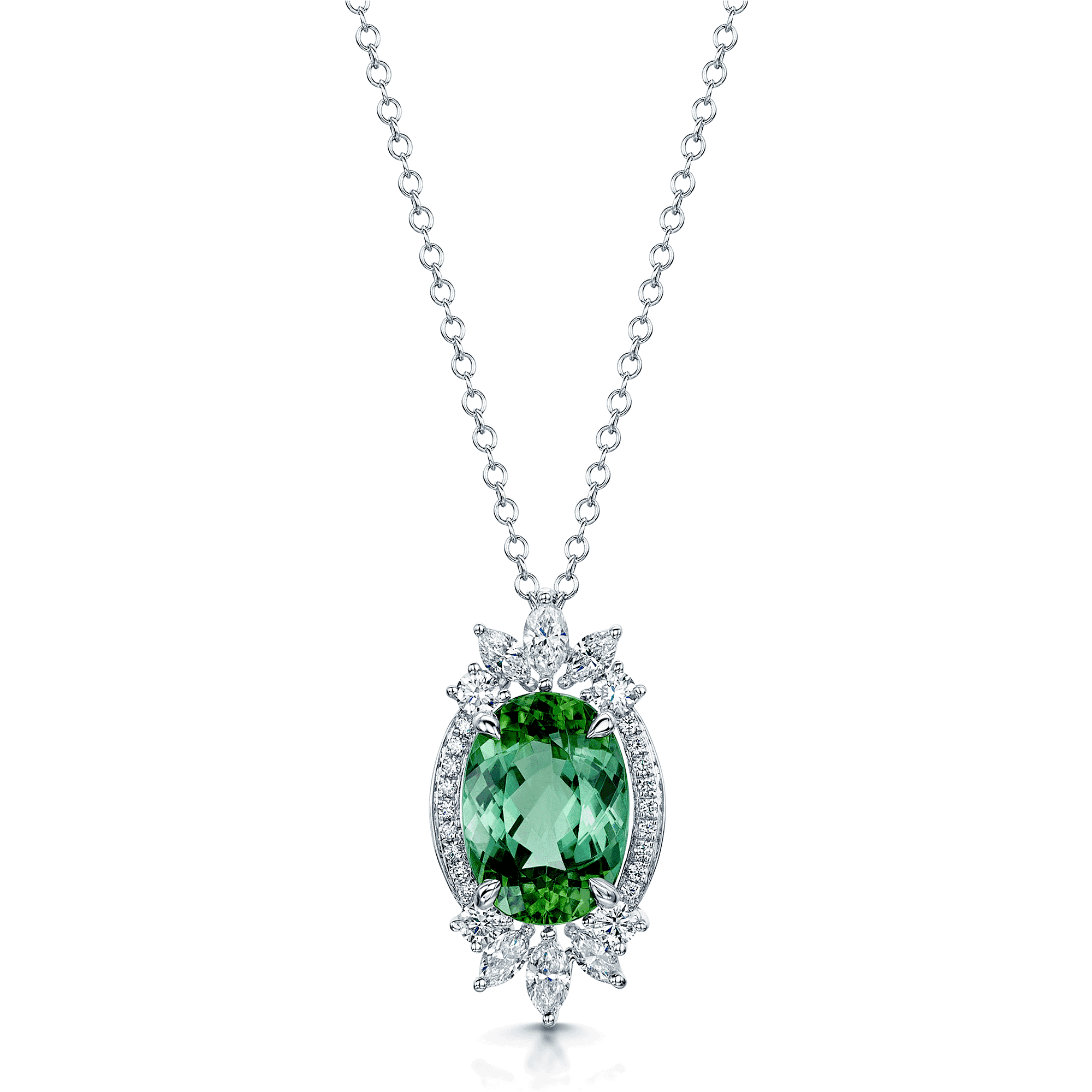 Berry's 18ct White Gold Oval Cut Green Tourmaline, Marquise Cut Diamond & Round Brilliant Cut Diamond Pendant - Berry's Jewellers