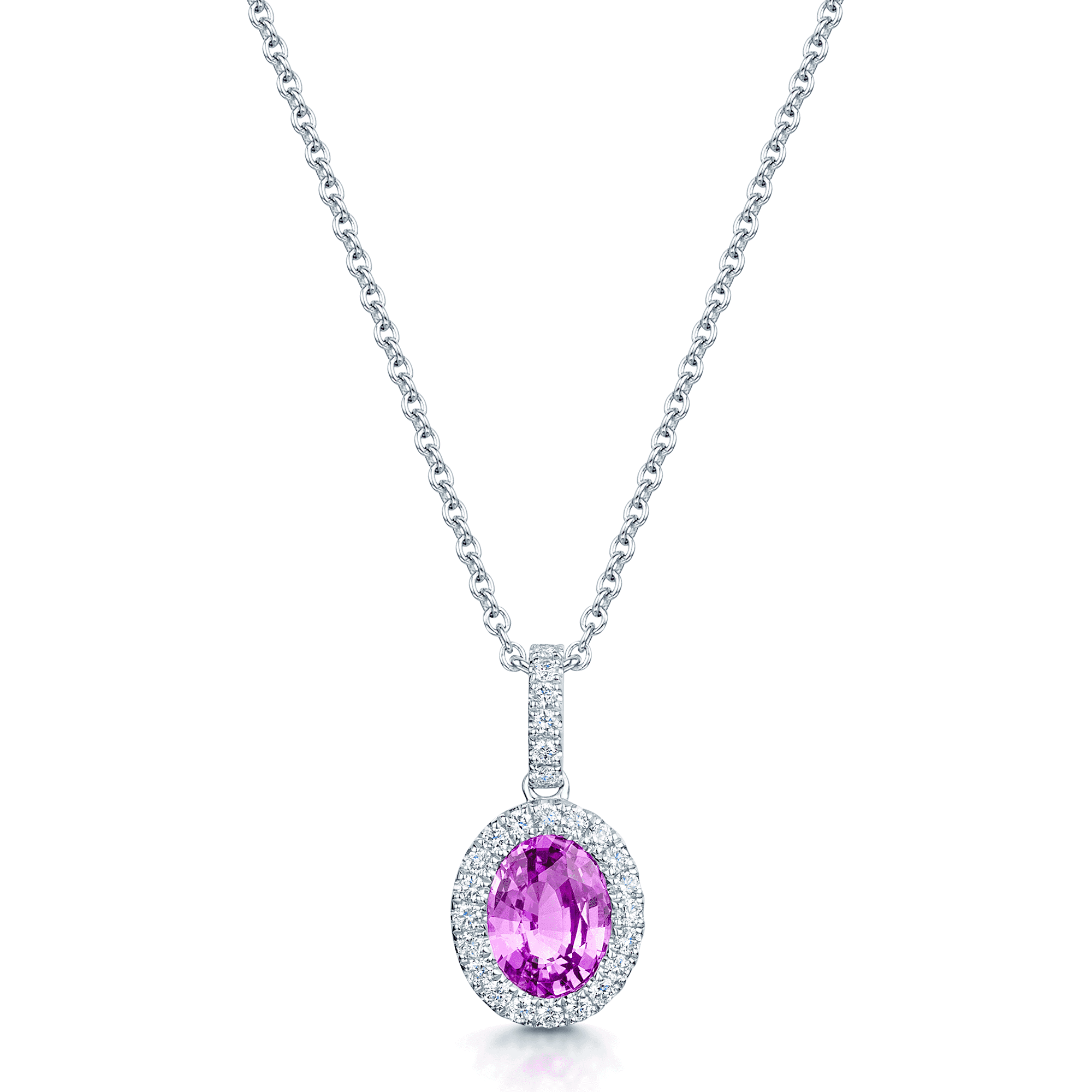 18ct White Gold Oval Cut Natural Unheated Pink Sapphire Diamond Halo Pendant