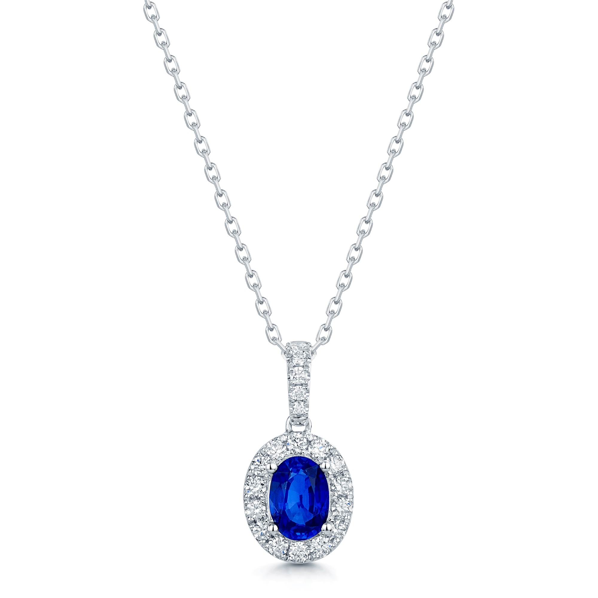 18ct White Gold Oval Cut Sapphire And Diamond Cluster Pendant