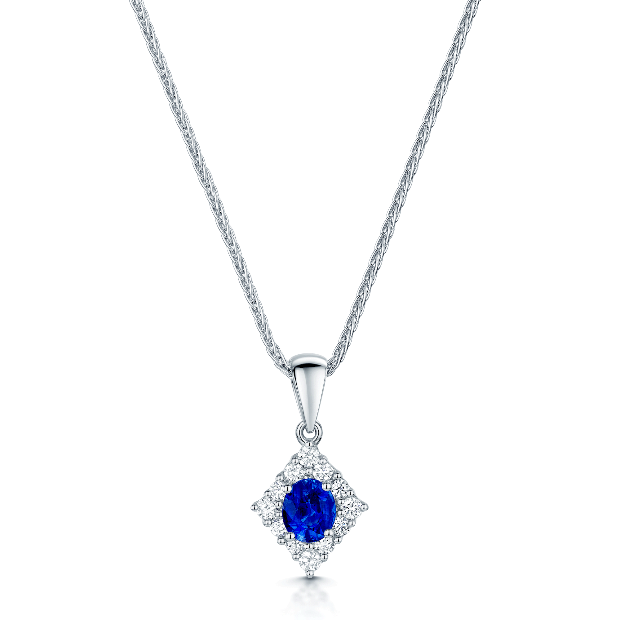 18ct White Gold Oval Cut Sapphire And Diamond Halo Pendant