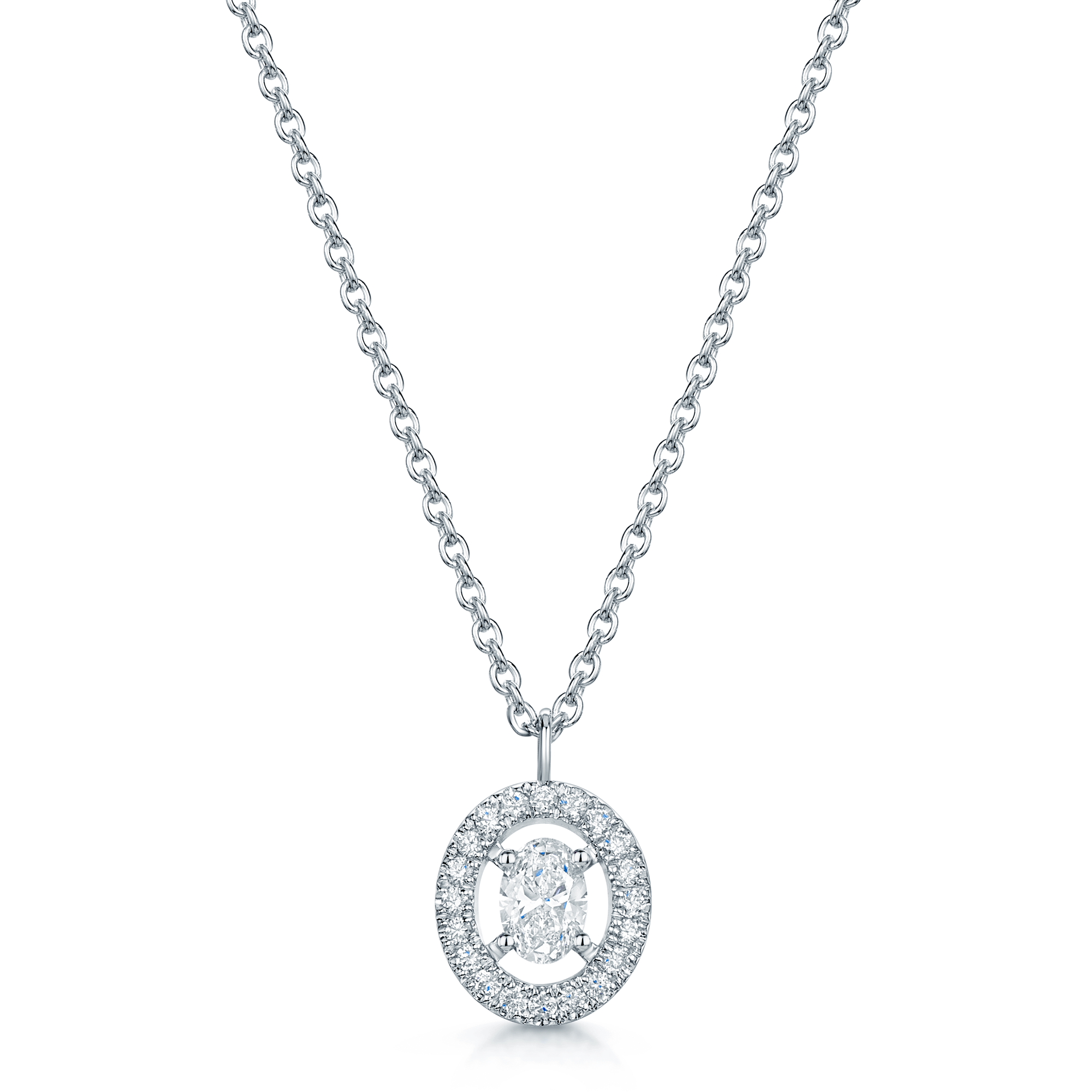 18ct White Gold Oval Diamond Halo Pendant