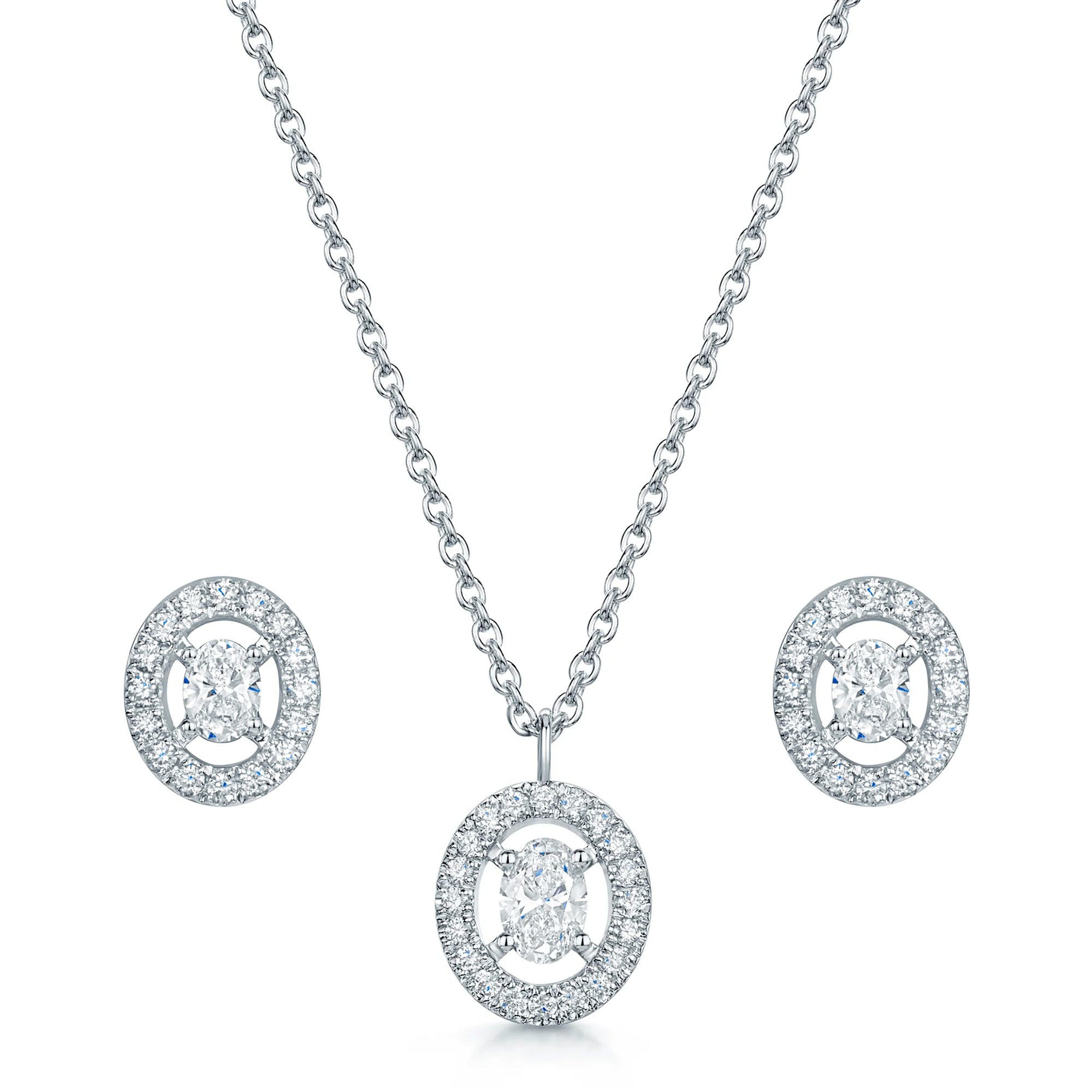 18ct White Gold Oval Diamond Halo Pendant & Earring Set