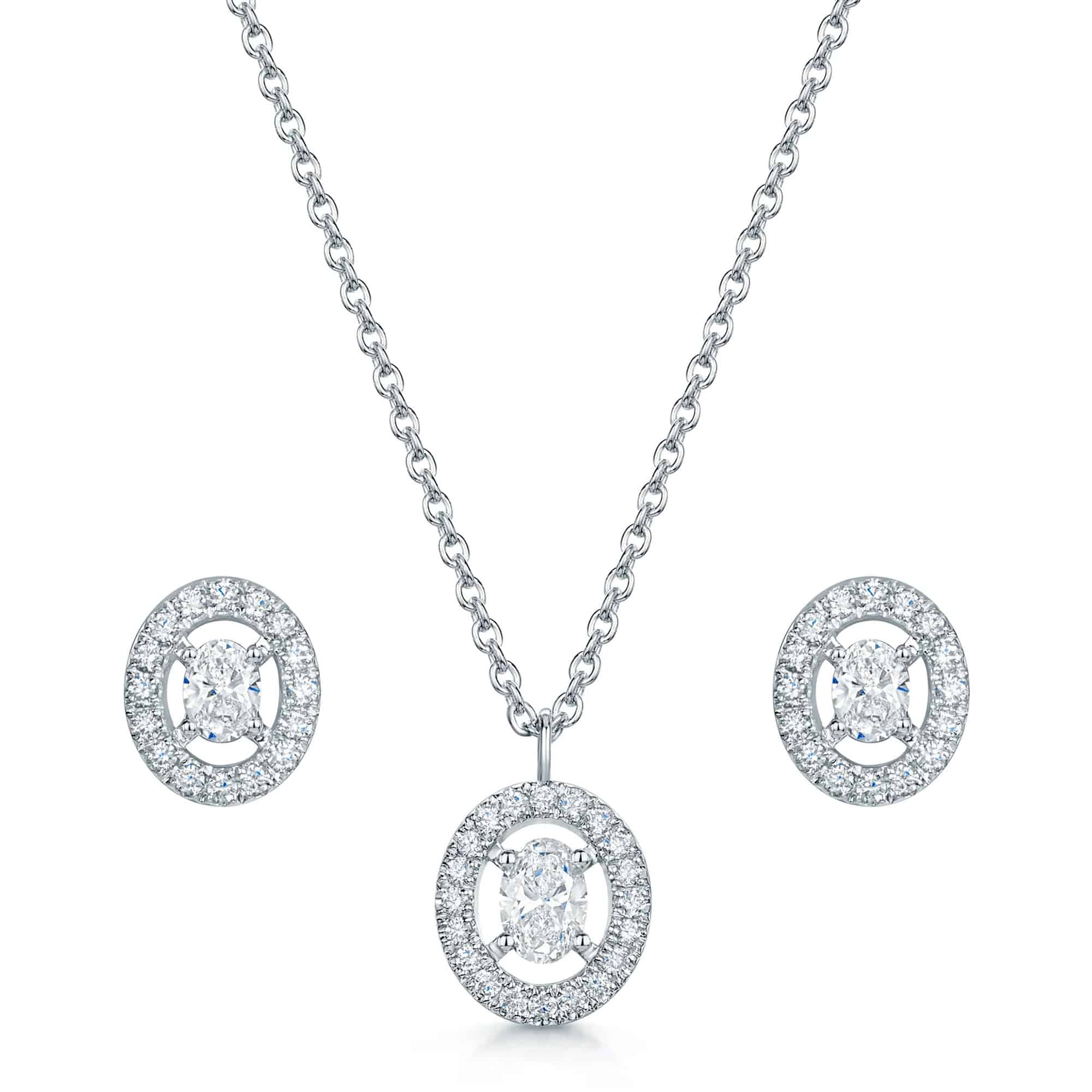 Berry's 18ct White Gold Oval Diamond Halo Pendant & Earring Set - Berry's Jewellers