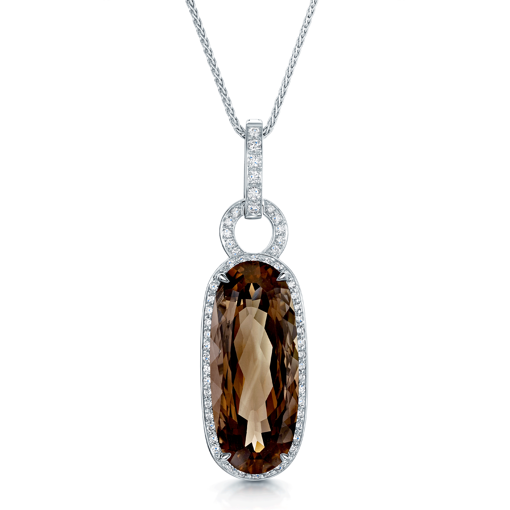 18ct White Gold Oval Mixed Cut Smokey Quartz And Diamond Halo Pendant