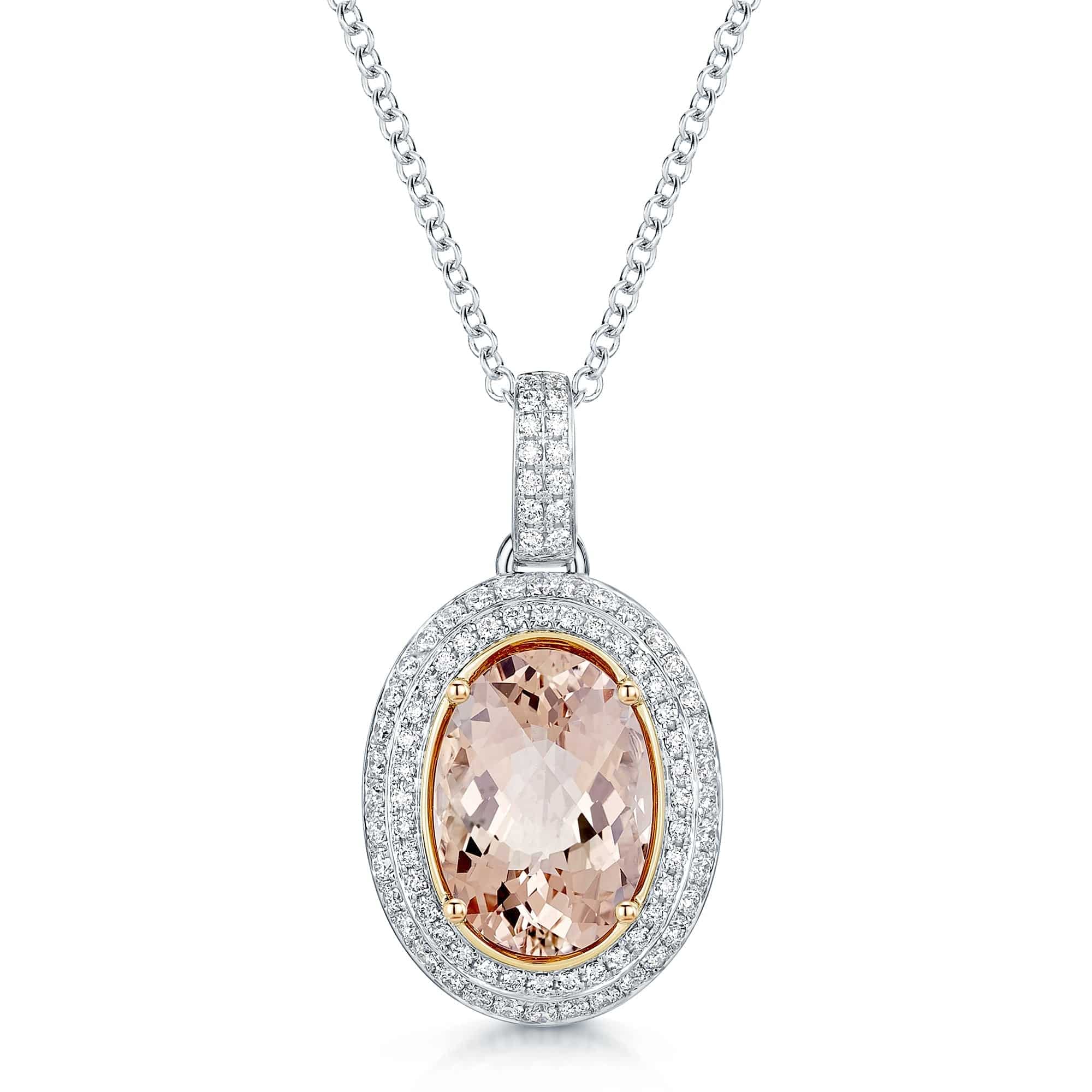 18ct White Gold Oval Morganite & Diamond Double Halo Pendant