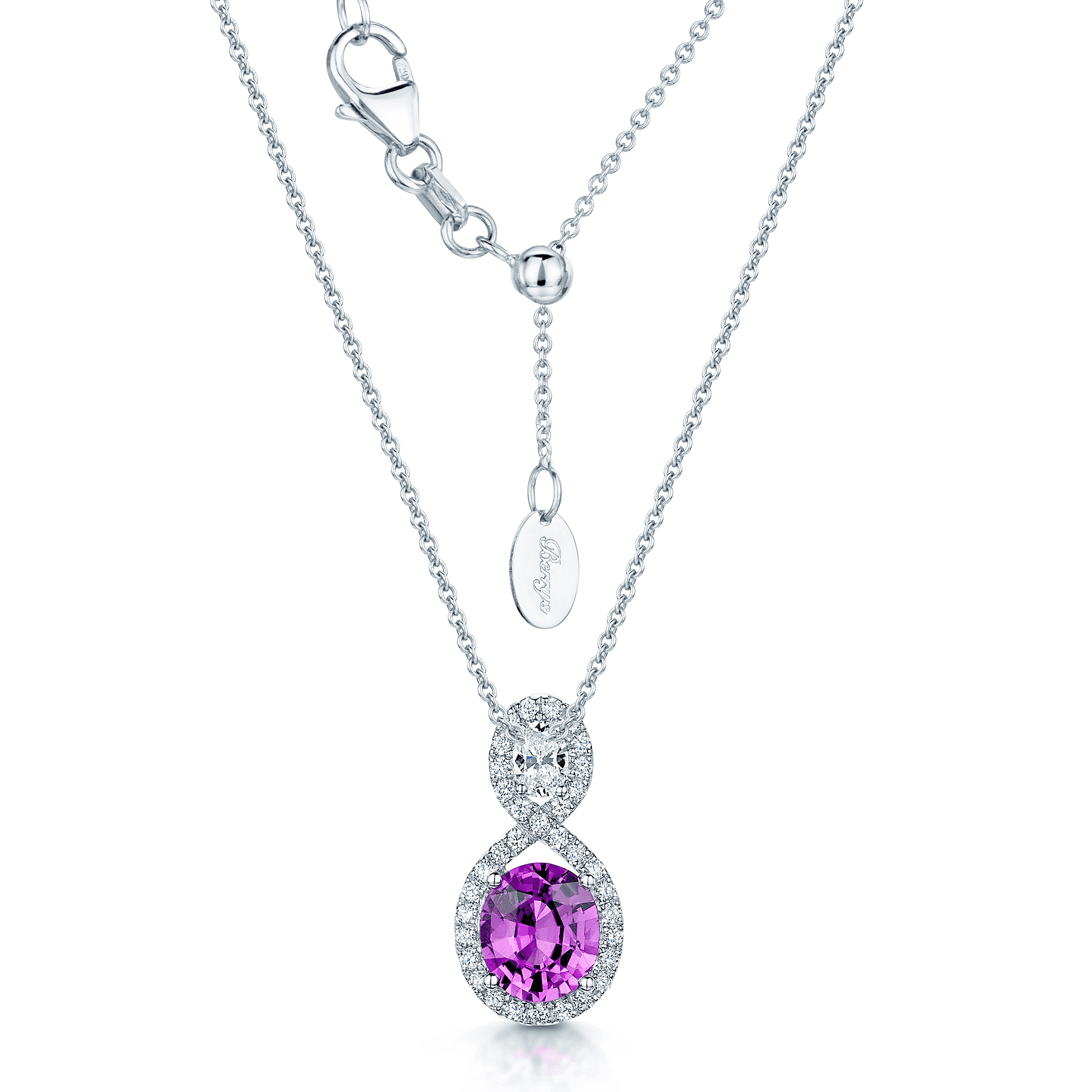 Berry's 18ct White gold Oval Pink Sapphire And Oval Diamond Figure Eight Cluster Pendant - Berry's Jewellers