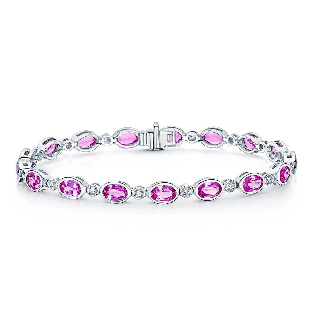 18ct White Gold Oval Pink Sapphire & Diamond Rubover Set Tennis Bracelet