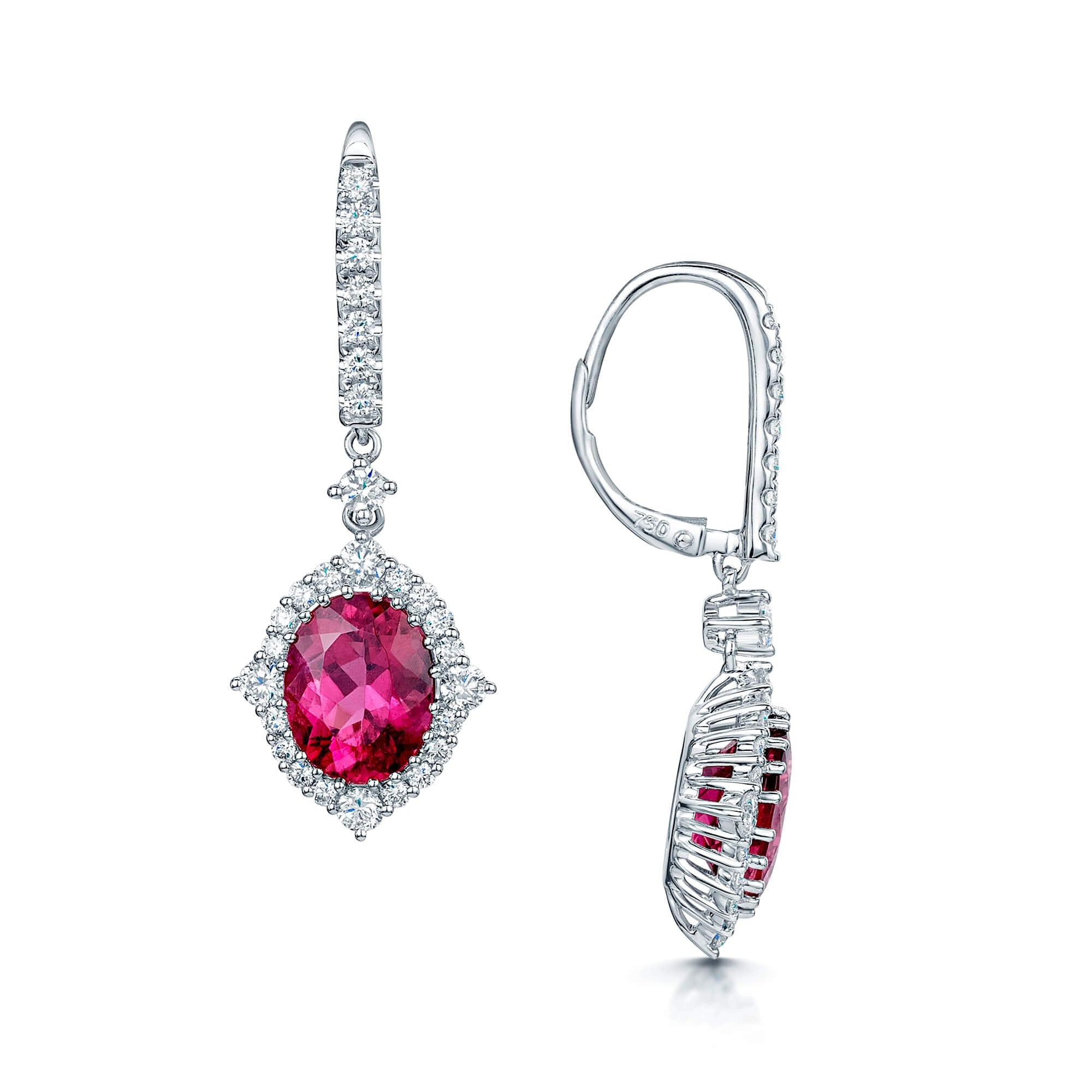 Berry's 18ct White Gold Oval Rubelite And Diamond Cluster Drop Earrings With Diamond Fittings - Berry's Jewellers