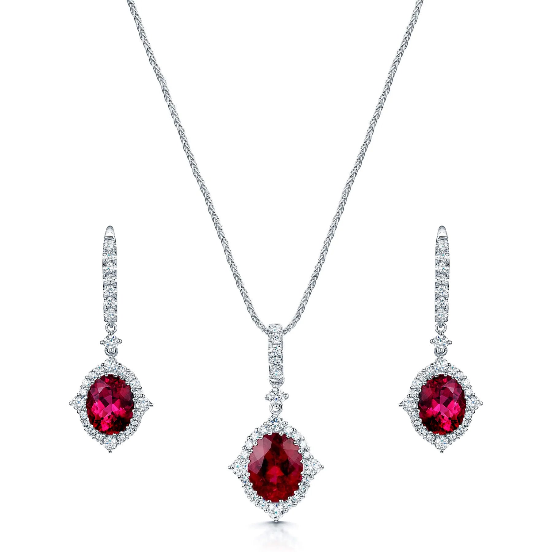 18ct White Gold Oval Rubelite And Diamond Pendant & Earring Set