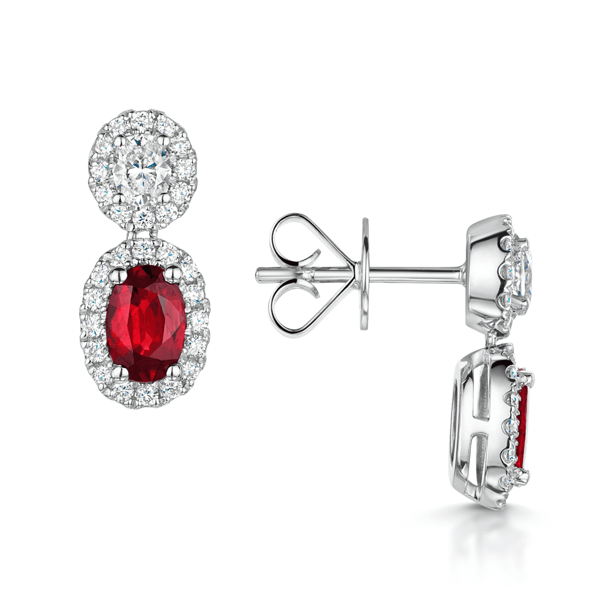 Berry's 18ct White Gold Oval Ruby And diamond Double Halo Drop Earrings - Berry's Jewellers