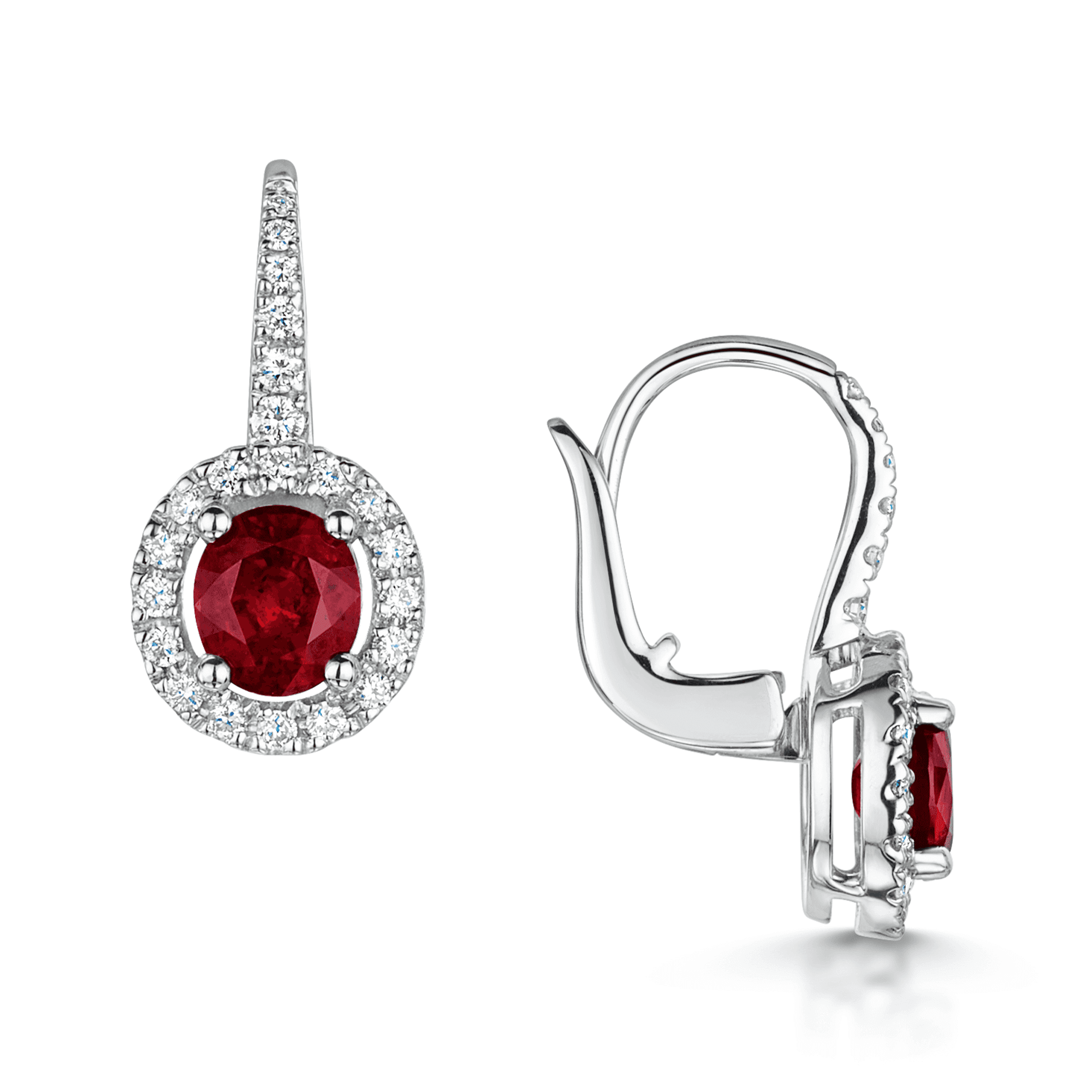 Berry's 18ct White Gold Oval Ruby And Diamond Halo Cluster Drop Earrings - Berry's Jewellers