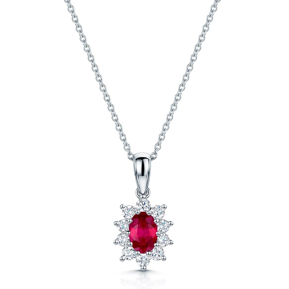 Berry's 18ct White Gold Oval Ruby and Round Brilliant Cut Diamond Cluster Pendant - Berry's Jewellers