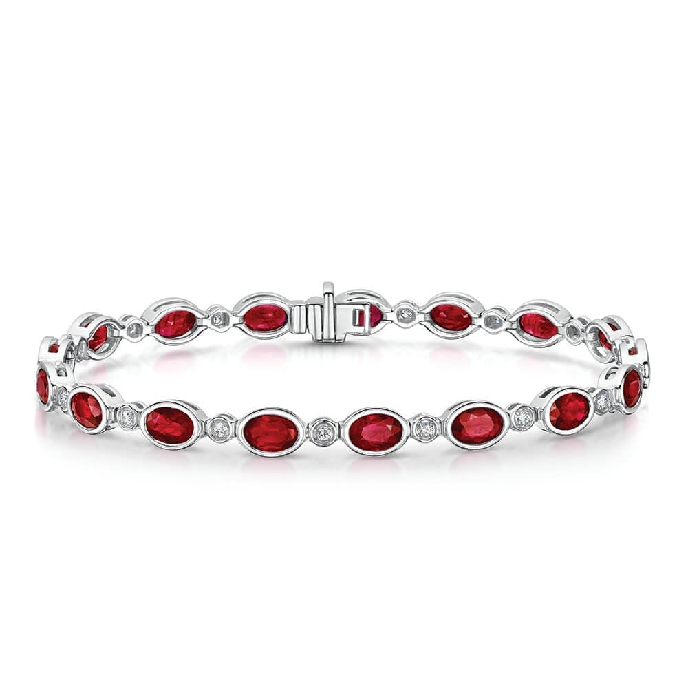 18ct White Gold Oval Ruby & Diamond Rubover Set Line Bracelet