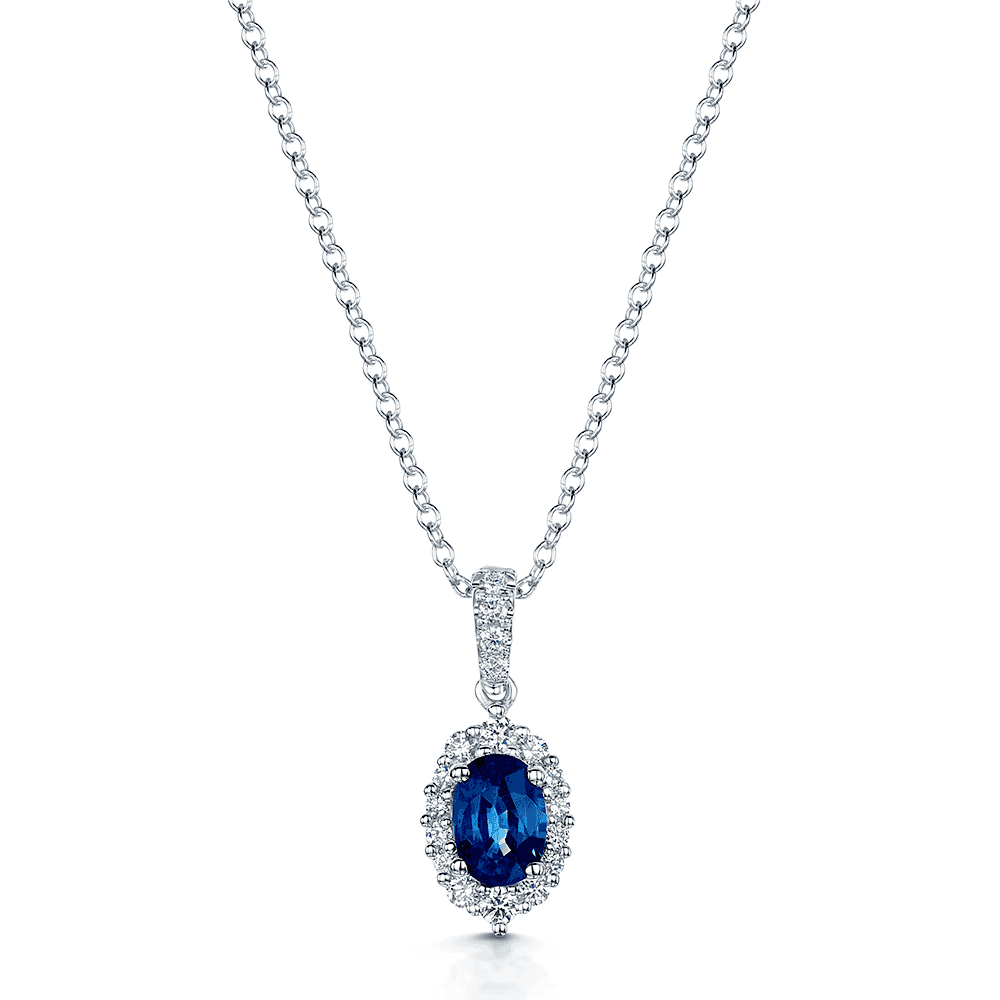 Berry's 18ct White Gold Oval Sapphire And Diamond Halo Pendant With Diamond Bale - Berry's Jewellers