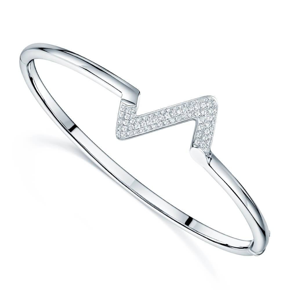 18ct White Gold Pave Diamond Zig Zag Hinged Bangle