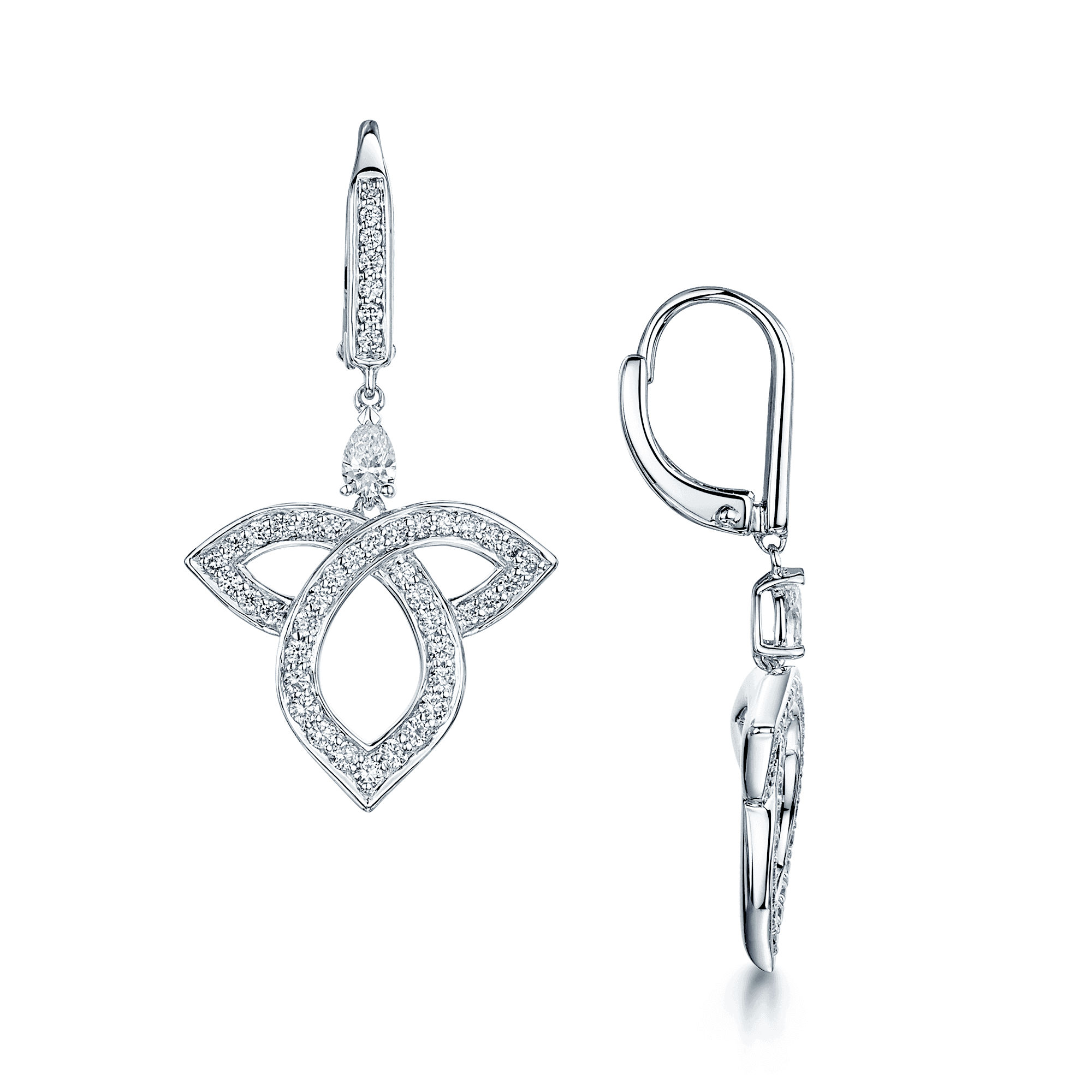 Berry's 18ct White Gold Pear And Round Brilliant Cut Open Lotus Drop Earrings - Berry's Jewellers