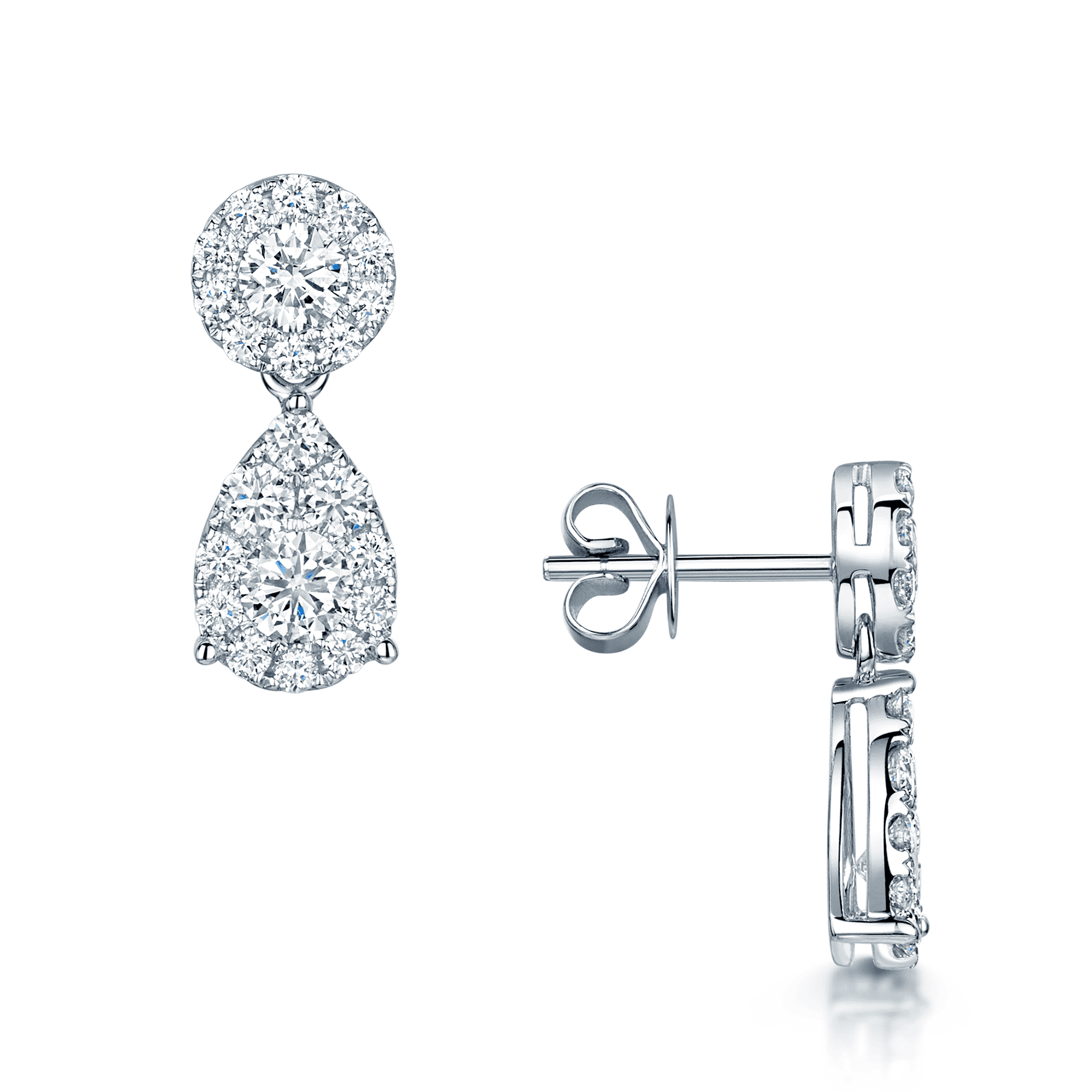 Berry's 18ct White Gold Pear Cut And Round Brilliant Diamond Halo Cluster Drop Earrings - Berry's Jewellers