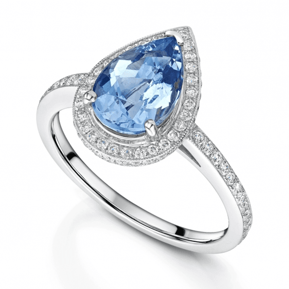 Berry's 18ct White Gold Pear Cut Aquamarine Ring With Claw Set and Diamond Shoulders - Berry's Jewellers