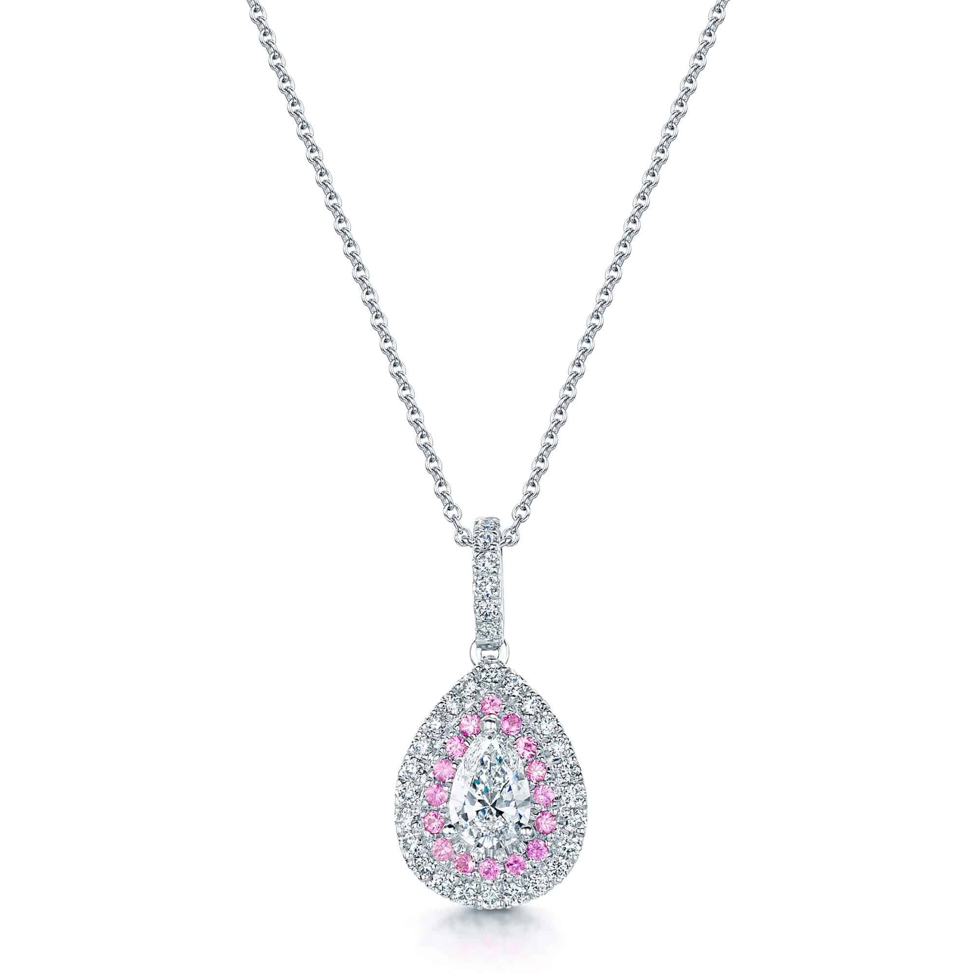 Berry's 18ct White Gold Pear Cut Diamond and Pink Sapphire Pendant with Double Halo Surround - Berry's Jewellers