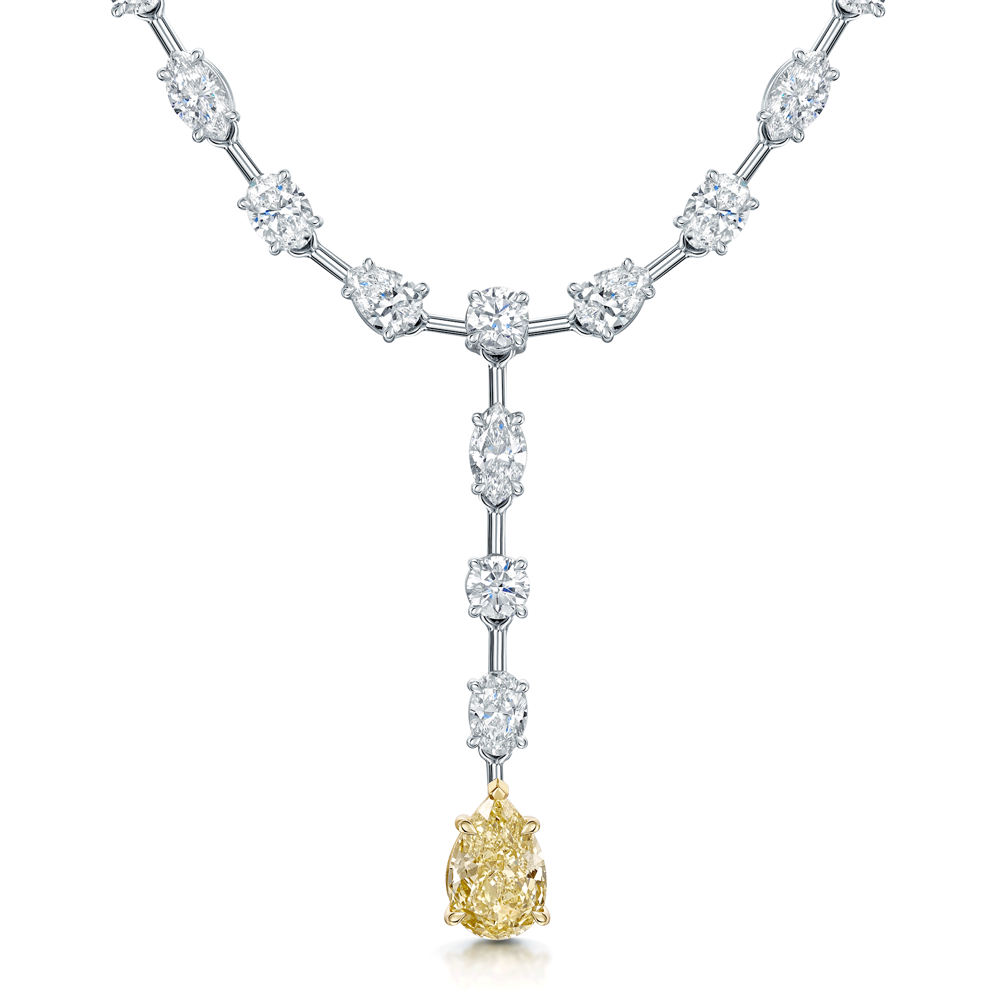 18ct White Gold Pear Cut Fancy Yellow Diamond Necklet With Mixed Cut Diamond Surrounding