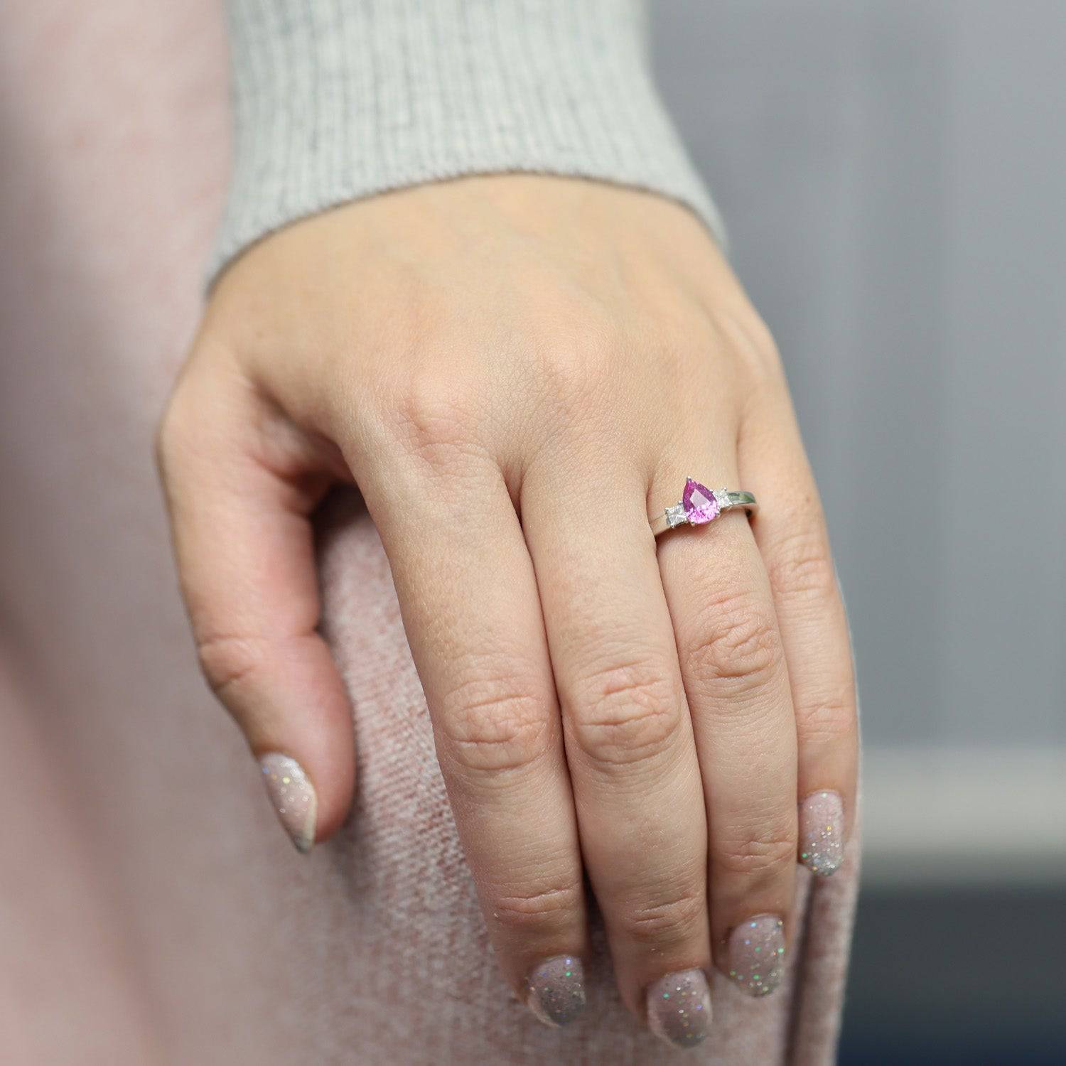 18ct White Gold Pear Cut Pink Sapphire & Princess Cut Diamond Three Stone Ring