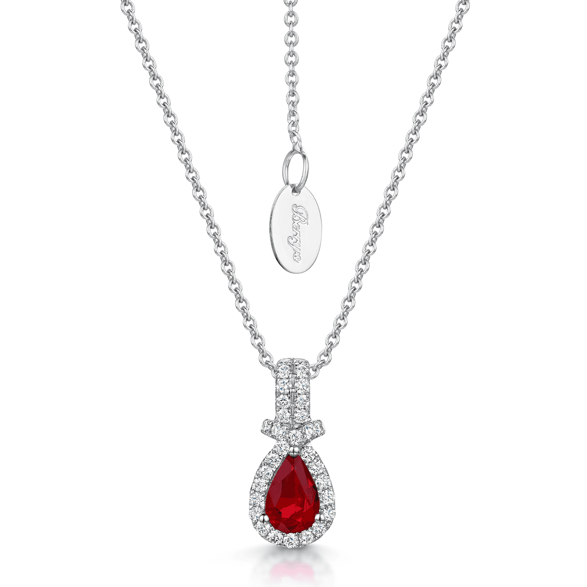 Berry's 18ct White Gold Pear Cut Ruby And Double Diamond Halo Fancy Surround Pendant - Berry's Jewellers