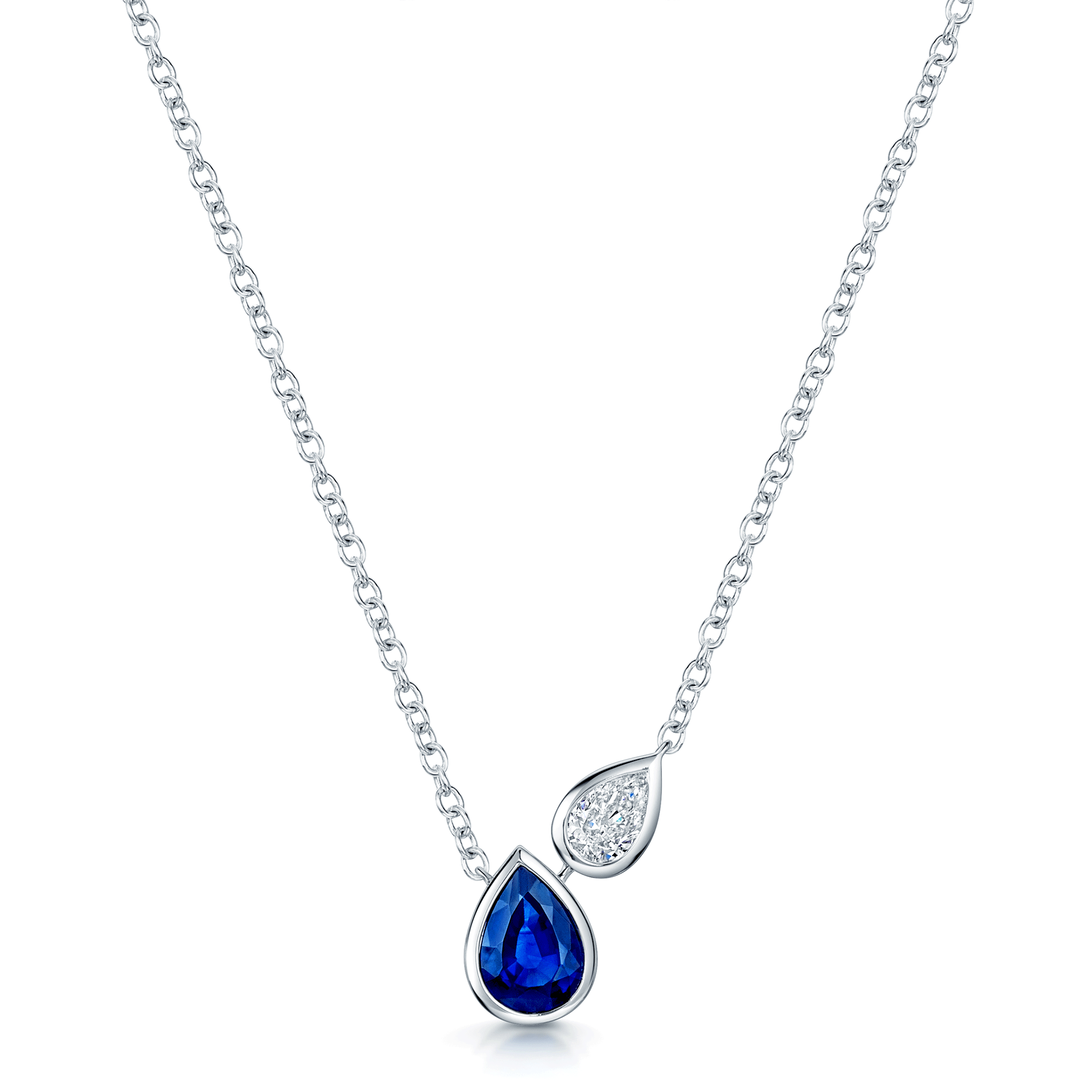 18ct White Gold Pear Cut Sapphire And Diamond Rub Over Set Pendant