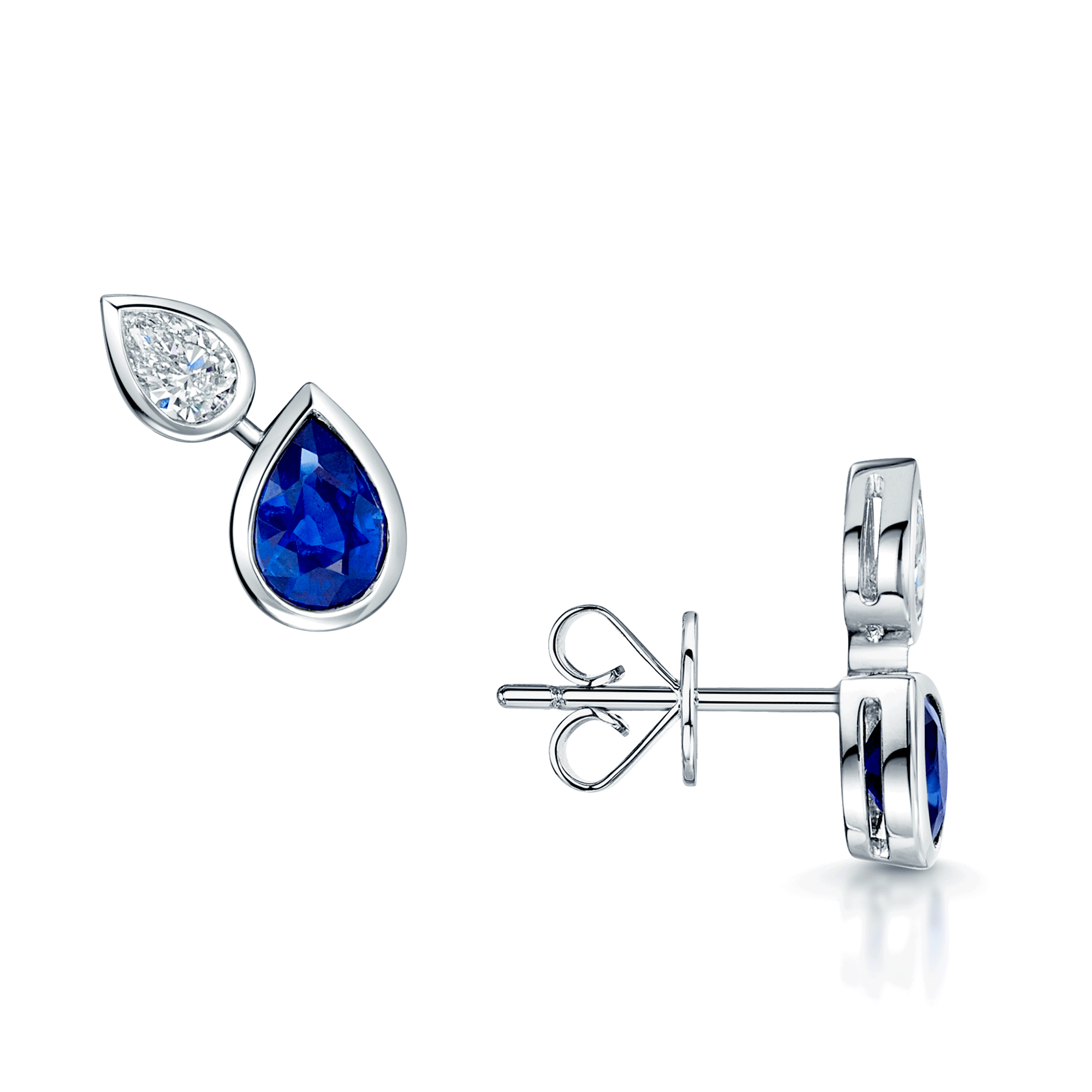 Berry's 18ct White Gold Pear Cut Sapphire And Diamond Rub Over Set Stud Earrings - Berry's Jewellers