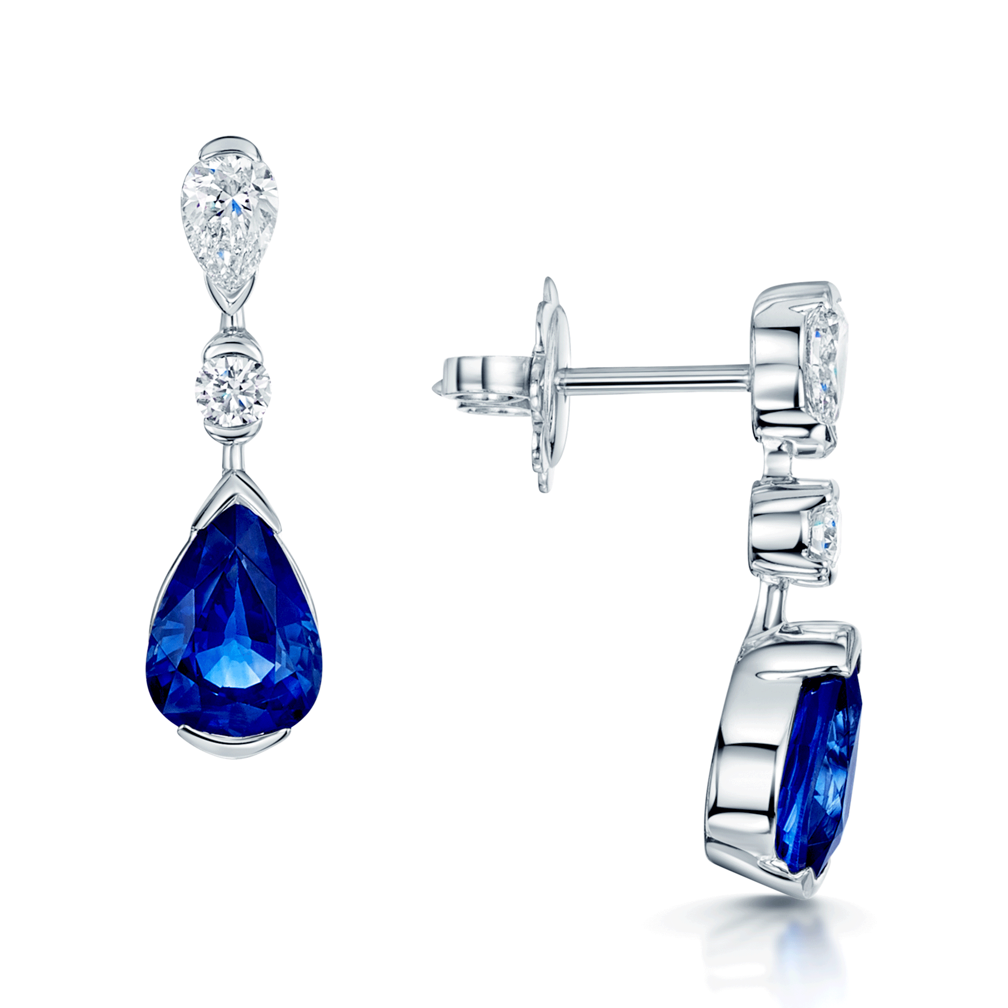 18ct White Gold Pear Cut Sapphire And Diamond Three Stone Drop Earrings