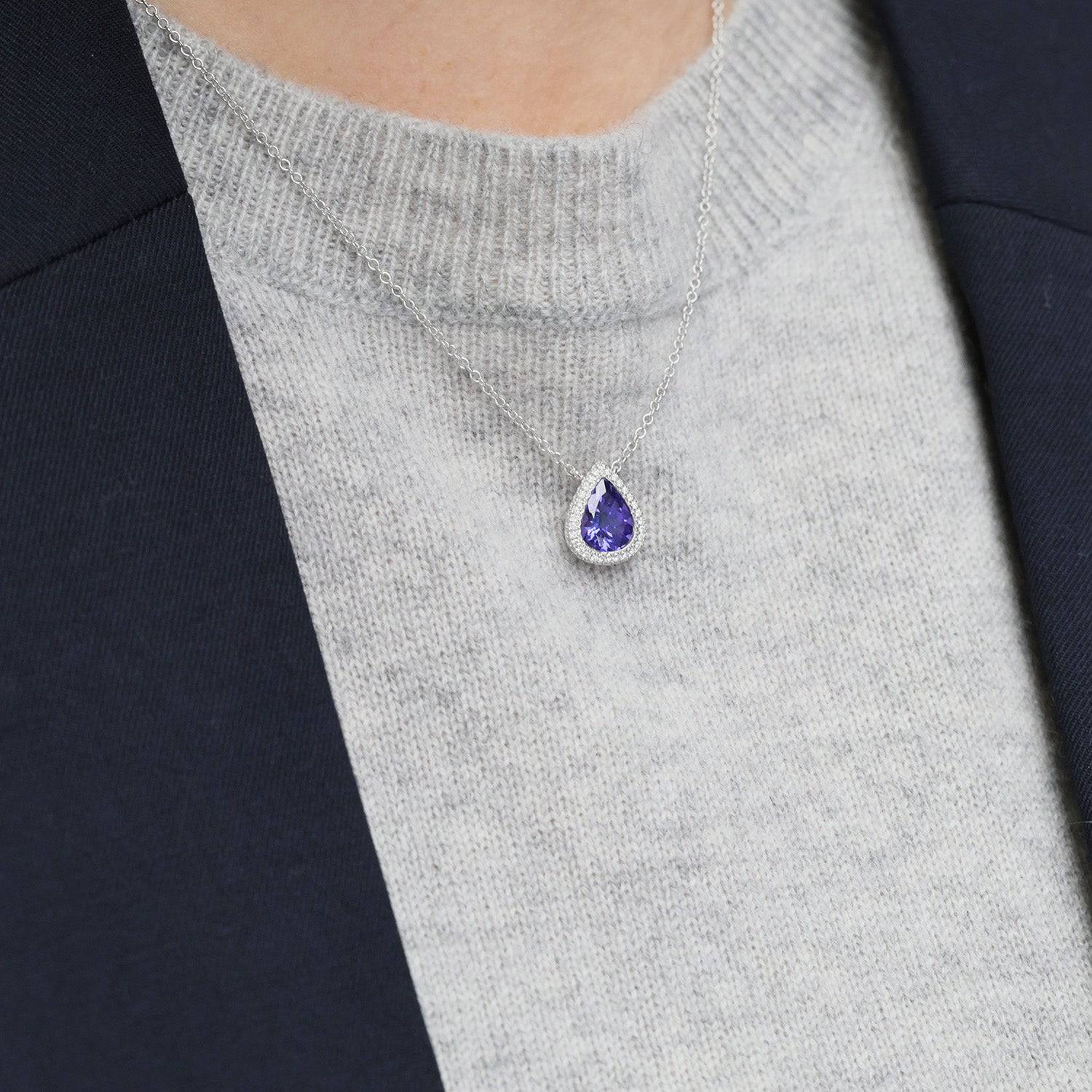 Berry's 18ct White Gold Pear Cut Tanzanite And Diamond Halo Pendant - Berry's Jewellers