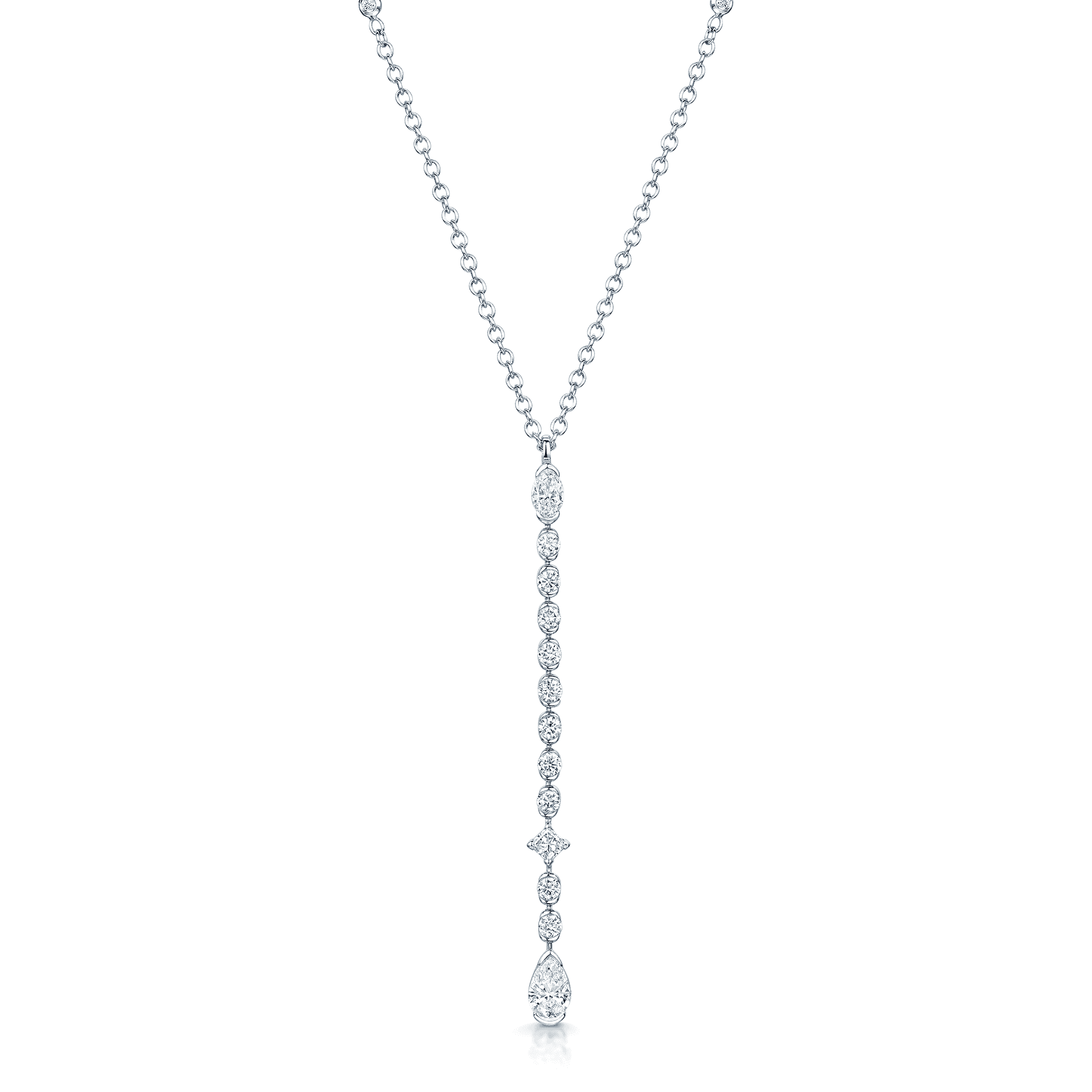 Berry's 18ct White Gold Pear, Princess, Marquise And Round Brilliant Cut Diamond Long Drop Pendant - Berry's Jewellers