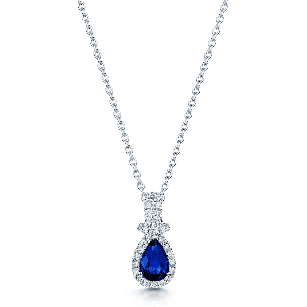 Berry's 18ct White Gold Pear Shape Blue Sapphire & Round Brilliant Cut Diamond Halo Pendant - Berry's Jewellers