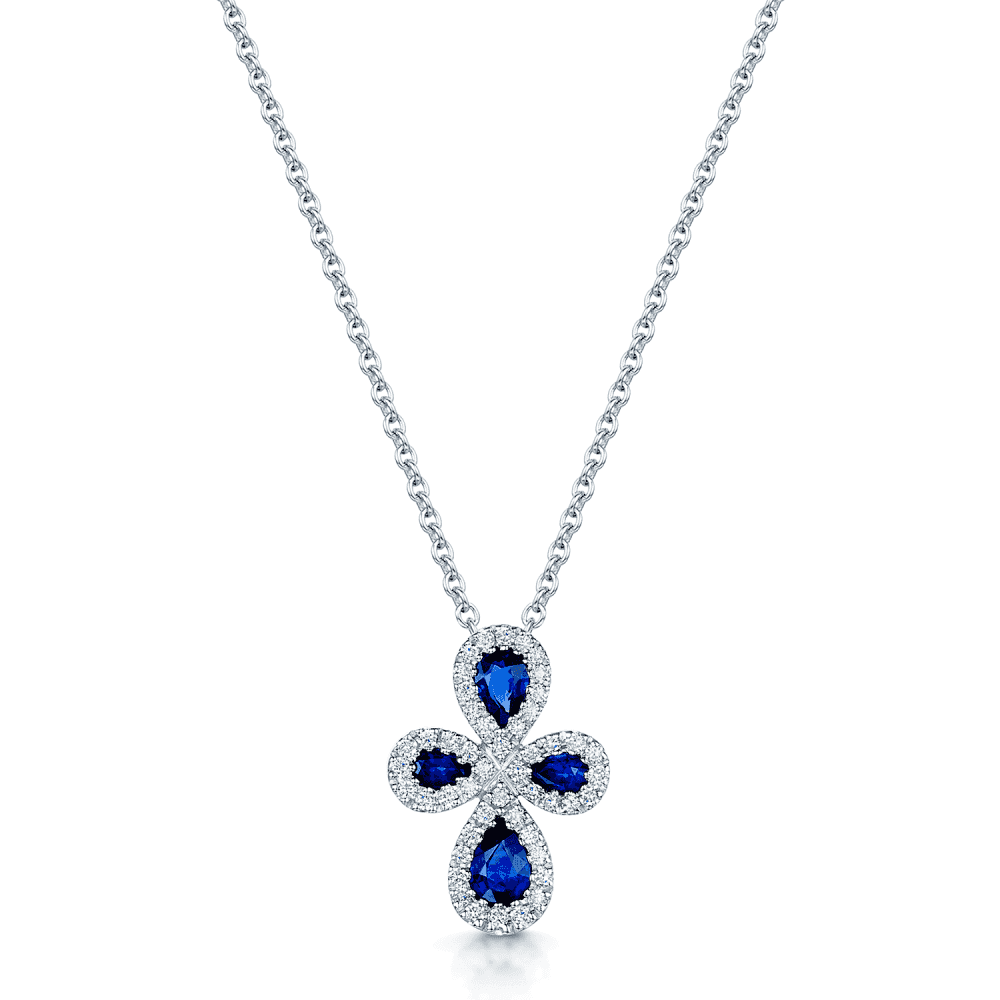 Berry's 18ct White Gold Pear Shape Blue Sapphire & Round Brilliant Cut Diamond Pendant - Berry's Jewellers