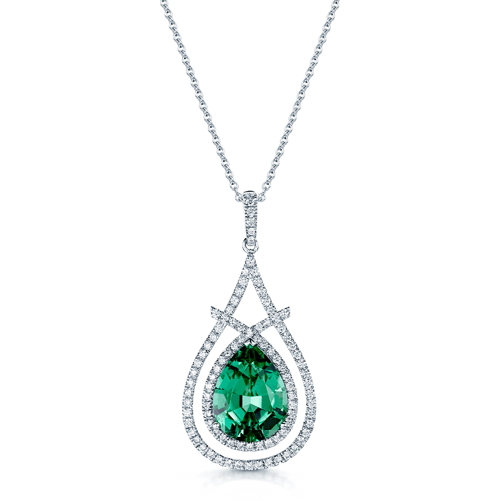 18ct White Gold Pear Shape Nambian Lagoon Green Tourmaline and Diamond Double Halo Pendant