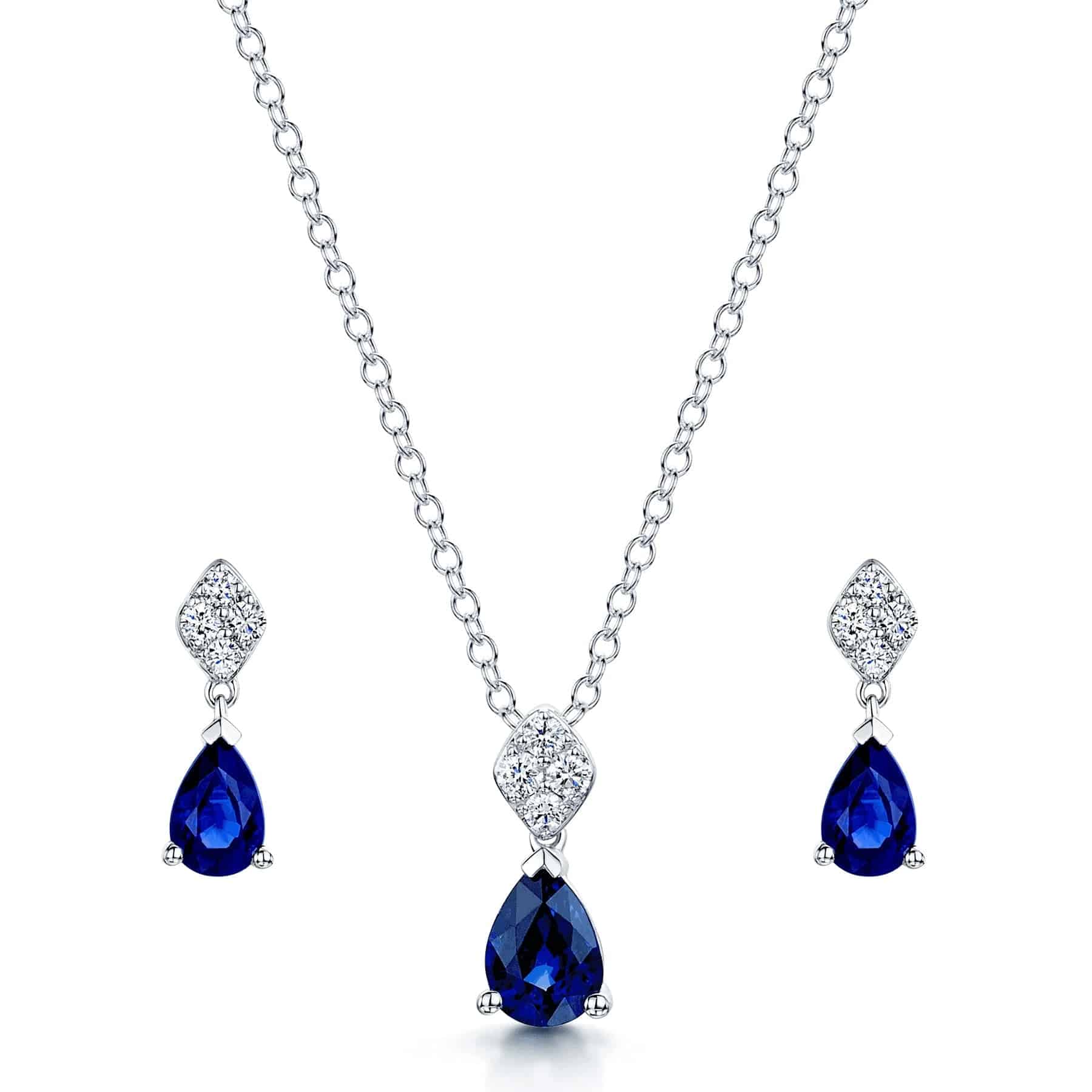 18ct White Gold Pear Shape Sapphire & Diamond Pendant & Earring Set