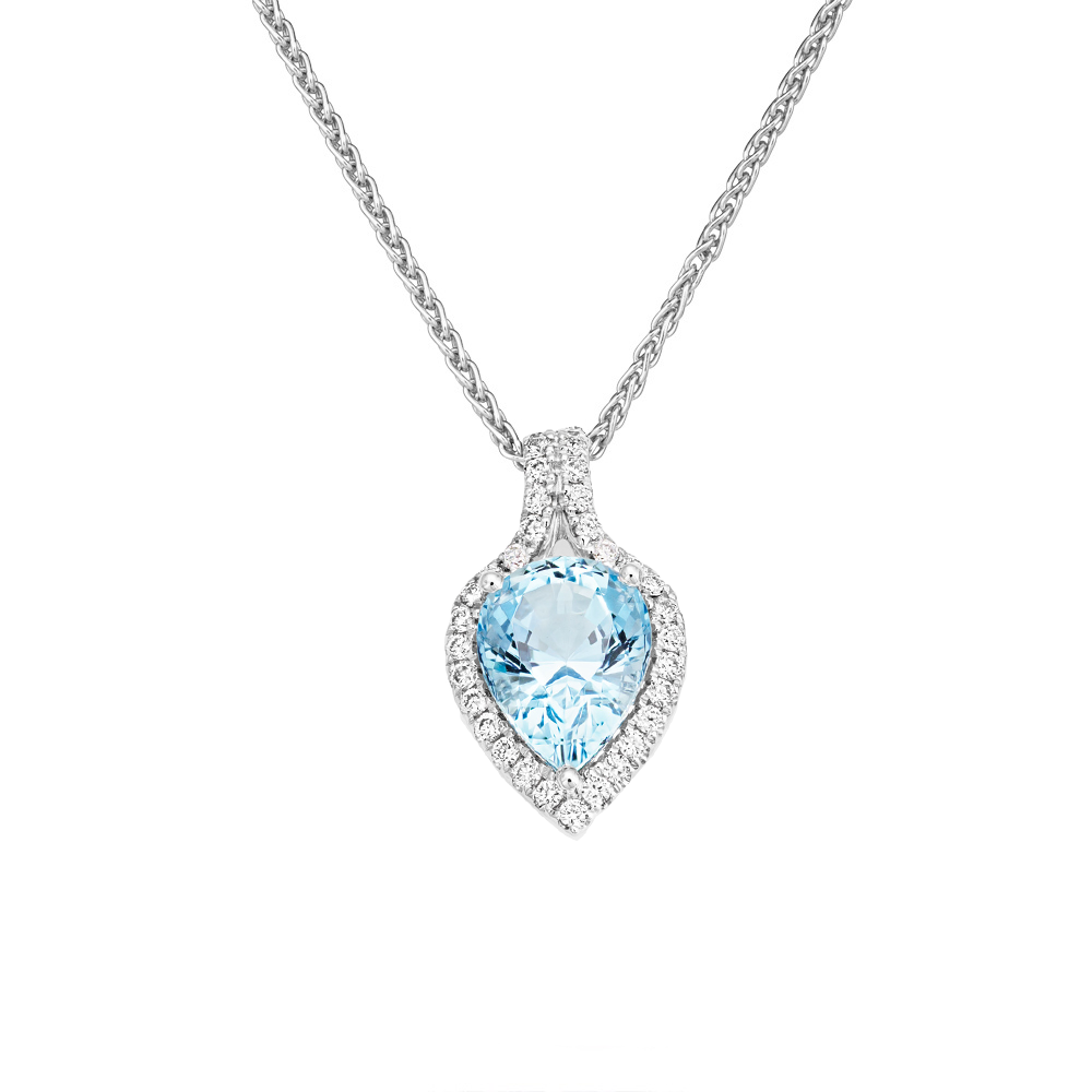 18ct White Gold Pear Shaped Aquamarine & Diamond Pendant