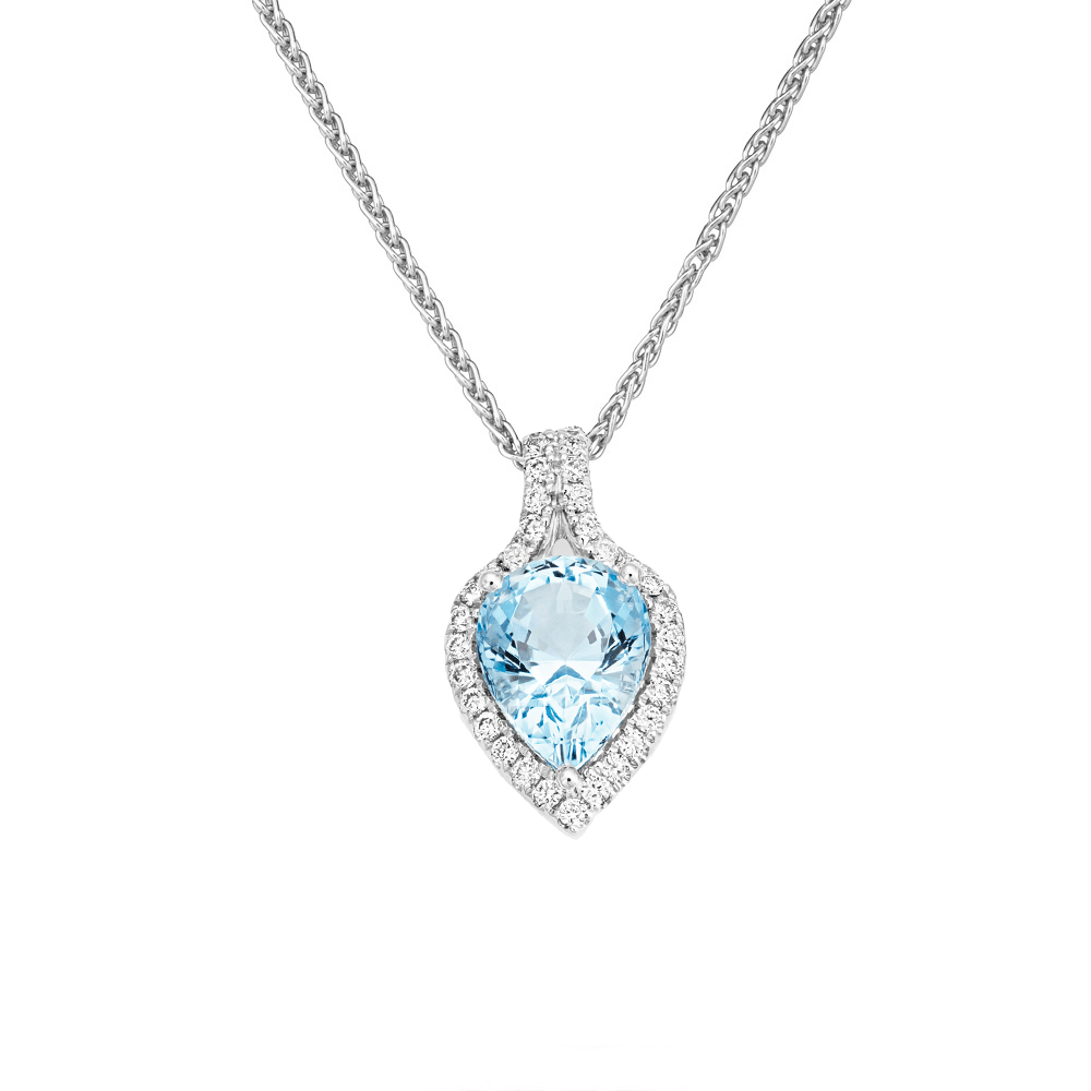 18ct White Gold Pear Shaped Aquamarine & Diamond Pendant