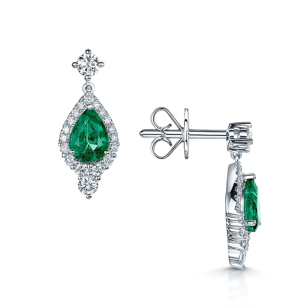 Berry's 18ct White Gold Pear Shaped Emerald And Diamond Vintage Halo Drop Earrings - Berry's Jewellers