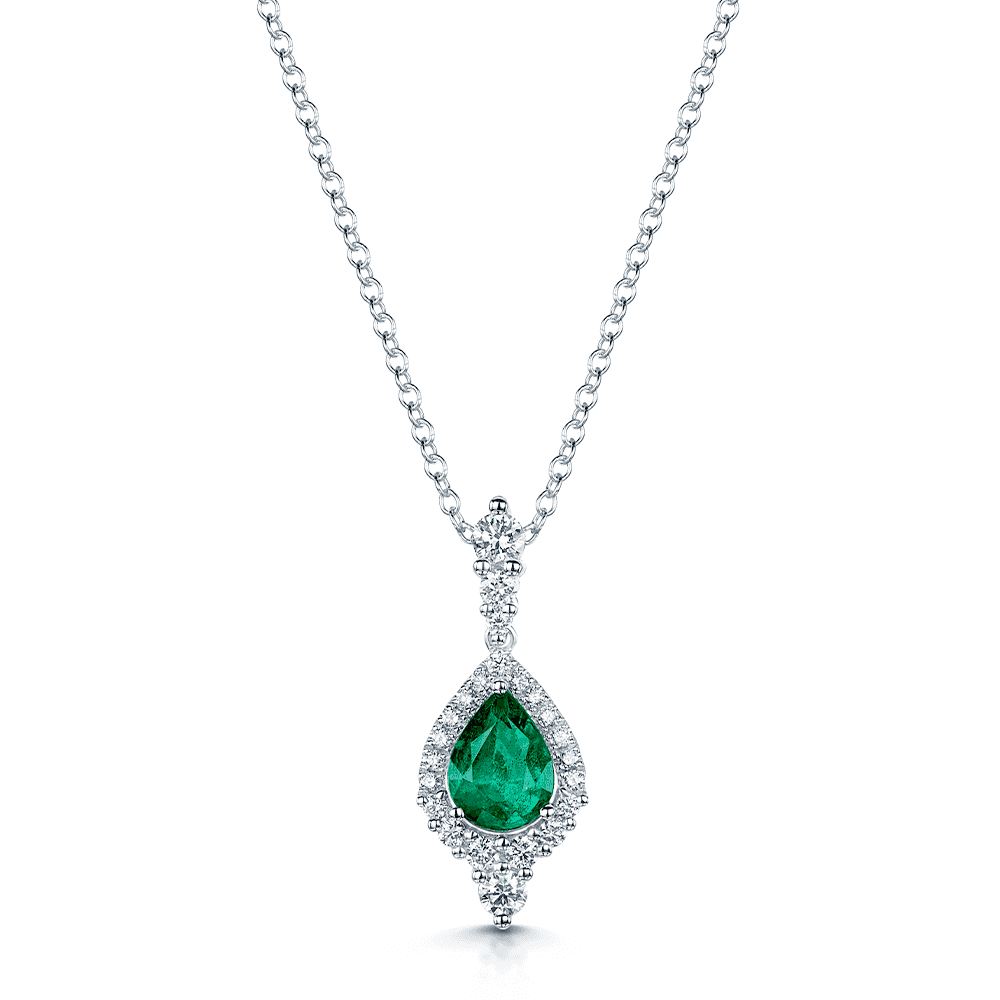 Berry's 18ct White Gold Pear Shaped Emerald And Diamond Vintage Halo Pendant - Berry's Jewellers