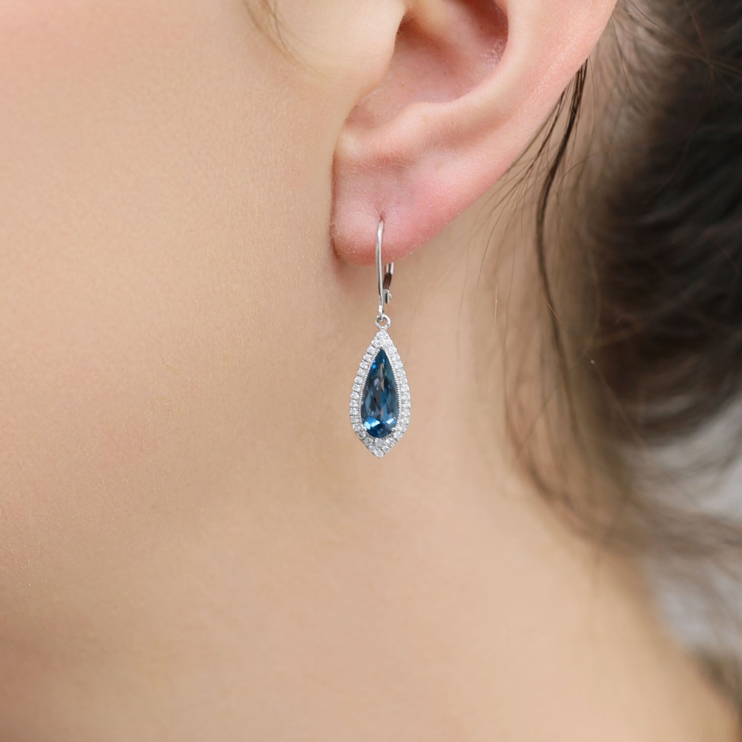 18ct White Gold Pear Shaped London Blue Topaz Drop Earrings With Pave Diamond Surround