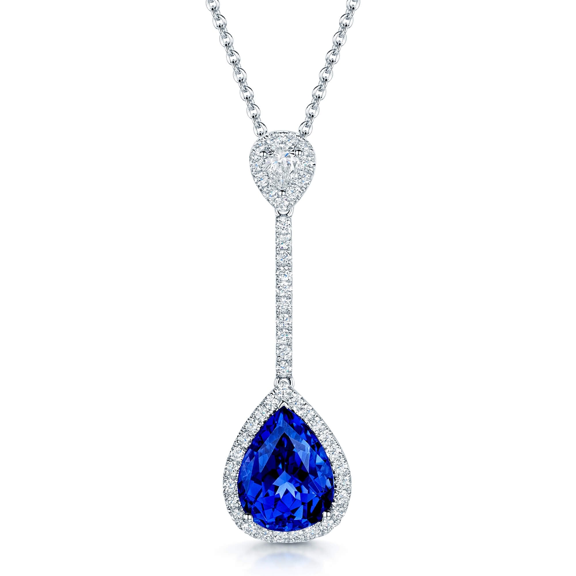 18ct White Gold Pear Shaped Tanzanite Diamond Drop Bar Pendant